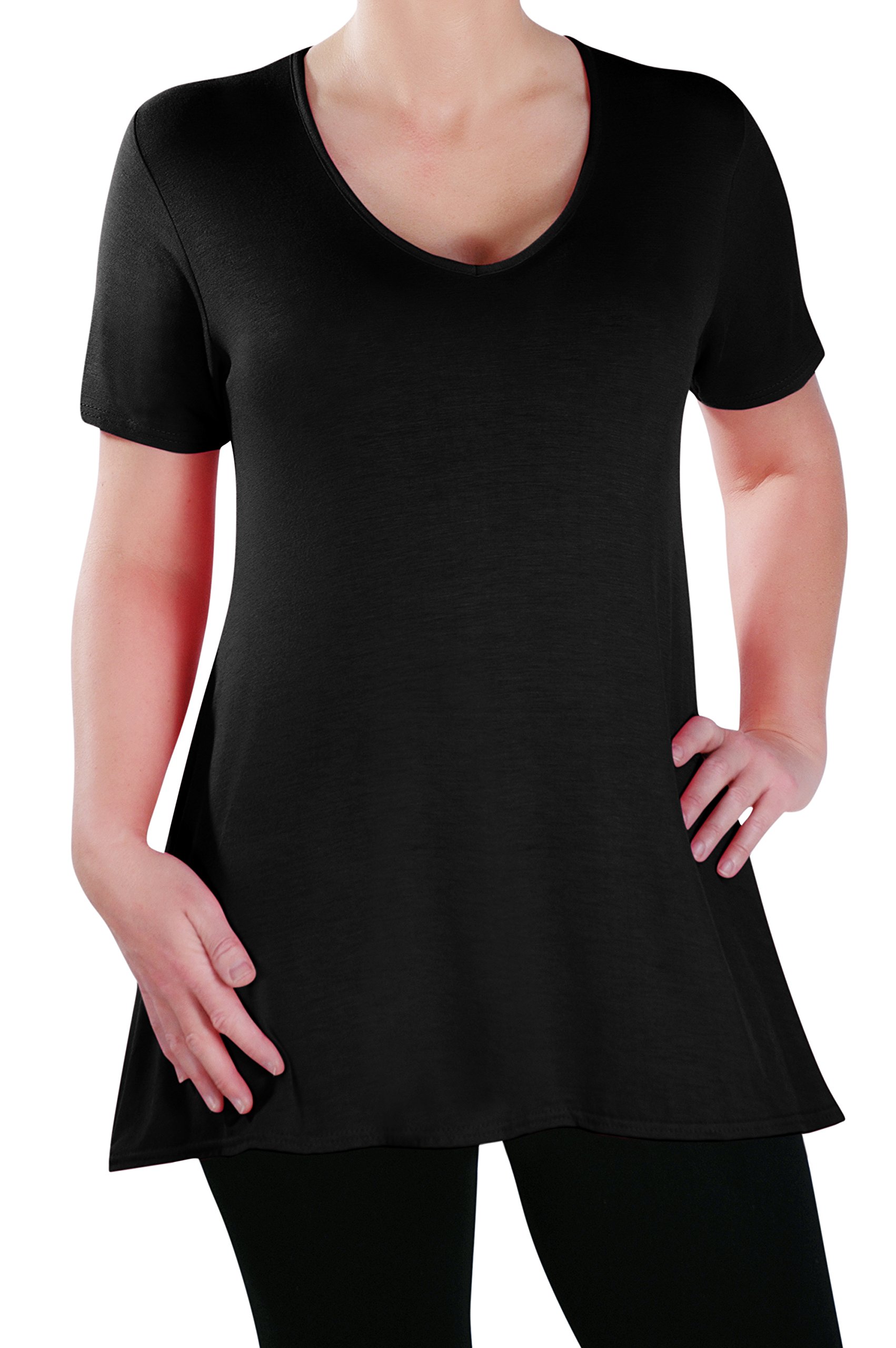 Eye Catch Women's Black - Delphine V Neck Plus Size Top Short Sleeve Casual Long Flared T Shirt Tunic Tops Size 14