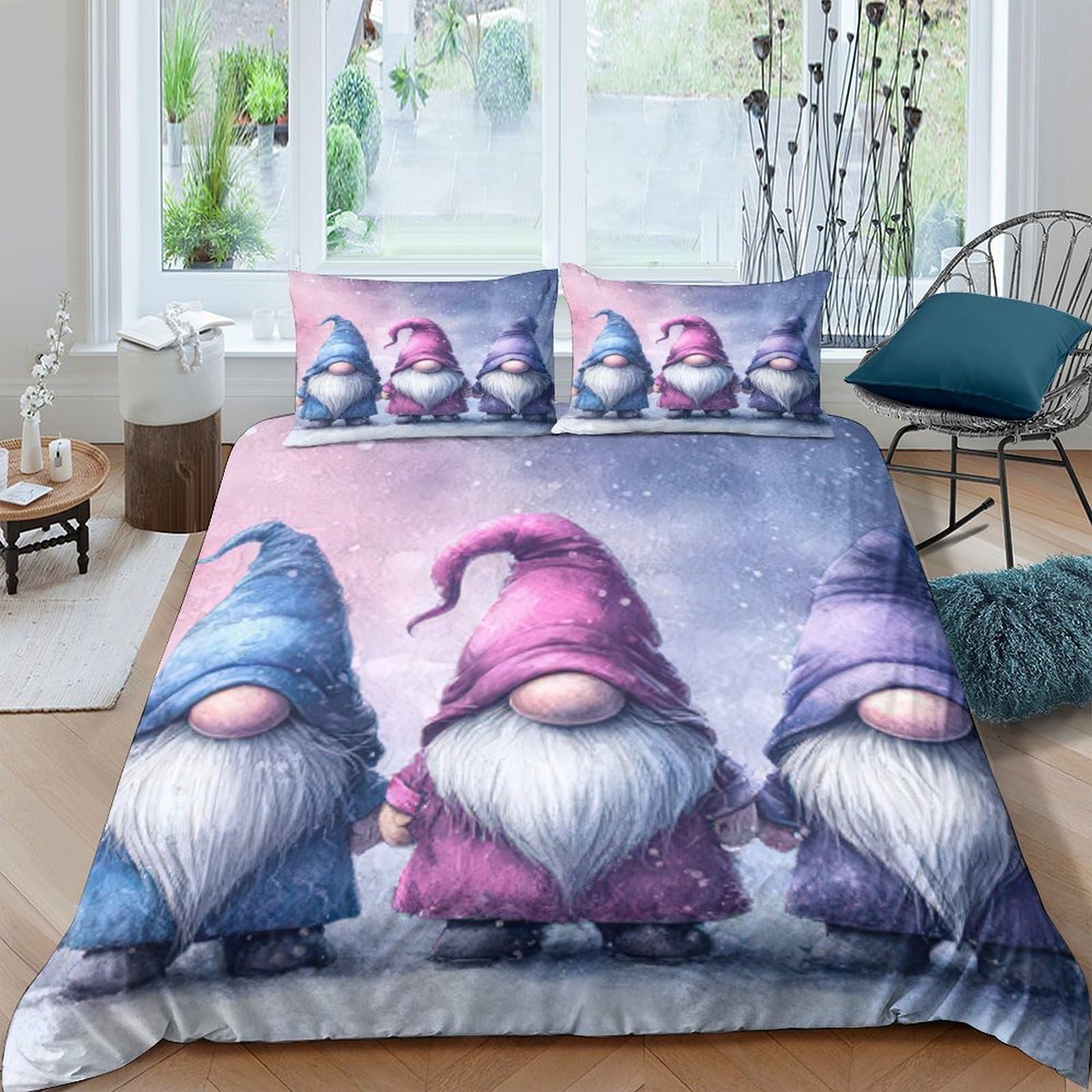 Ctjqhvkz Style-4 3D Printed Nordic Gnome Fitted Sheet Microfiber Soft Blue Pink Cartoon Bed Cover Anti-Slip For Bedroom Decor Single（135X200cm）