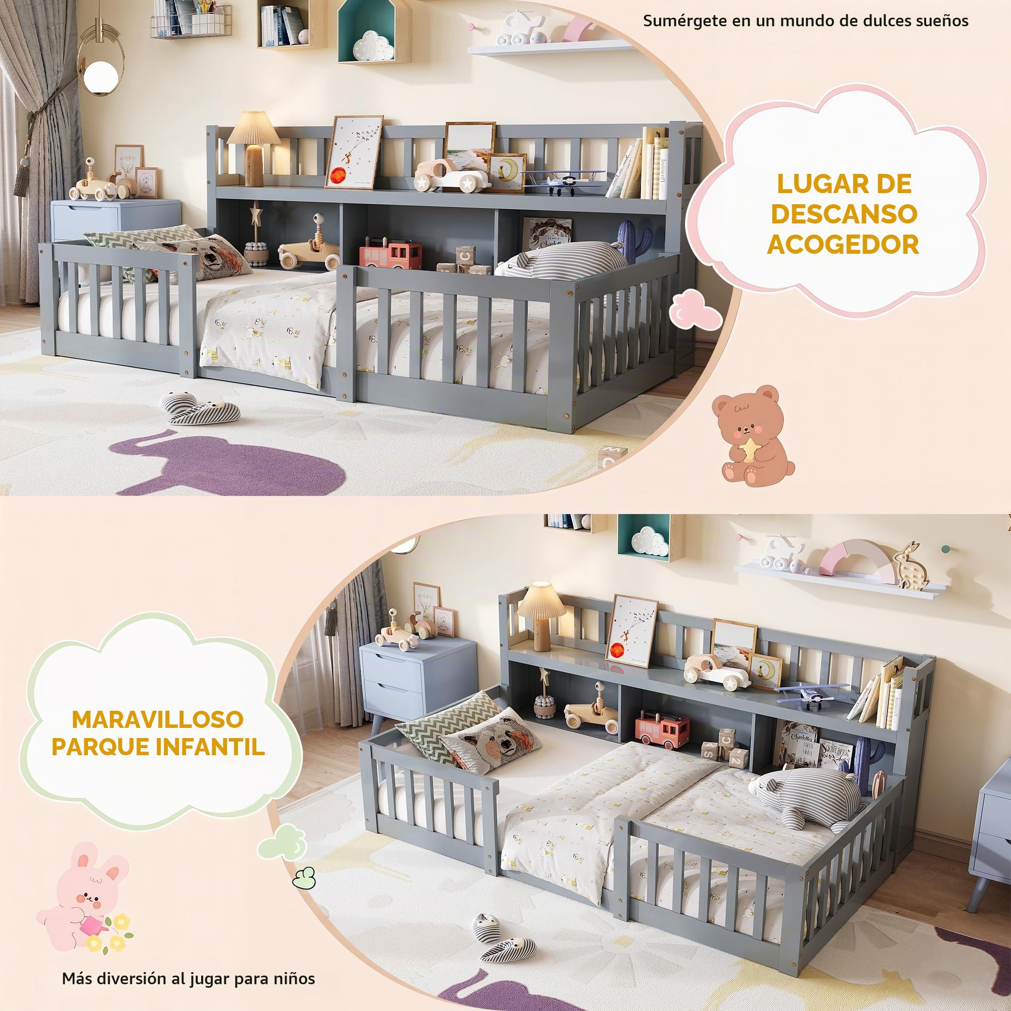 Cama de bebé 90 x 200 con protección, cama infantil Montessori, cama infantil de 90 x 200 página con 2 estanterías, estructura de cama moderna, barrera de madera, cama individual, sin colchón