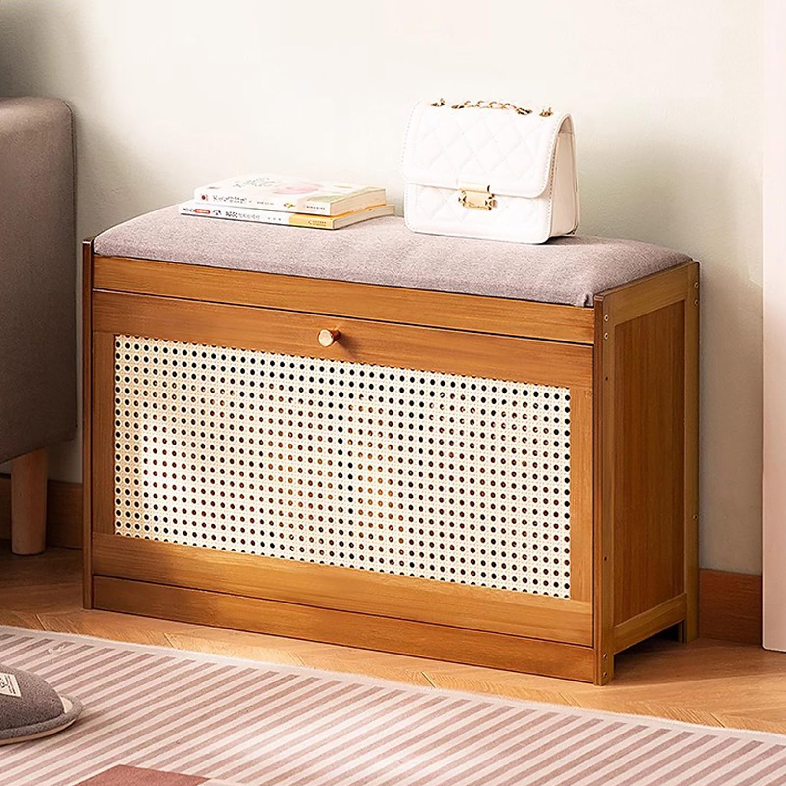 GDMDPTE Entryway Storage Bench with Padded Seat 2 Tier Wooden Shoe Rack Stylish Shoe Cabinet for Hallway Bedroom and Closet Space Saving Solution