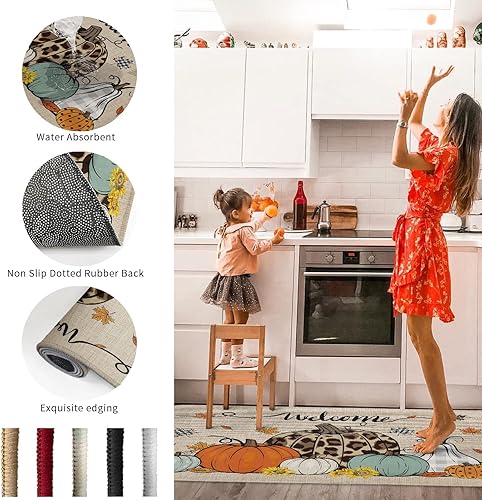 Miniatura 6 de Tapete de calabaza de Acción de Gracias, tapete de bienvenida con diseño de leopardo, diseño de calabaza, hojas de arce, tapete antideslizante para