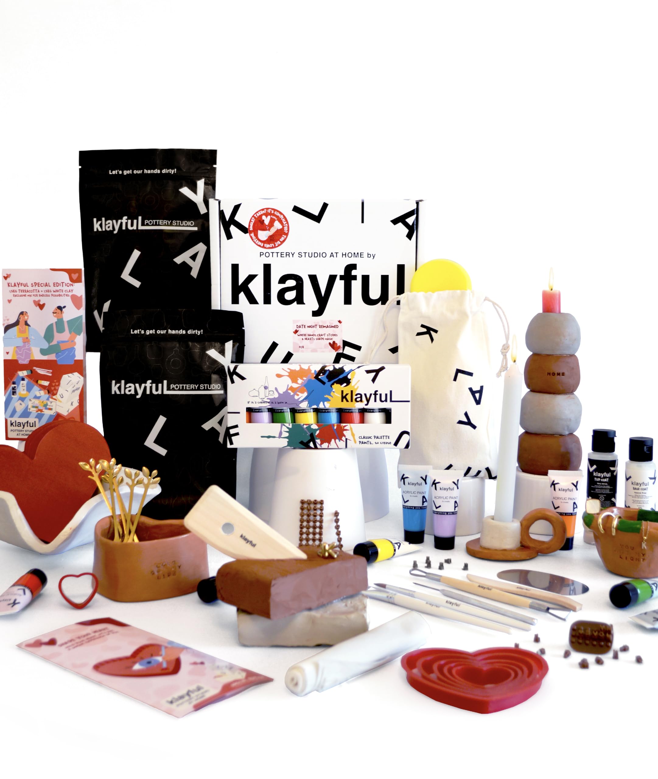 Klayful- Kit Argille Senza Cottura per Principianti – Kit Ceramica Fai da Te | Strumenti, Colori Pastello, Pennelli, Smalto, Guida (1,5 kg Argilla Bianca + 1,5 kg Argilla Terracotta – Colori Classici)