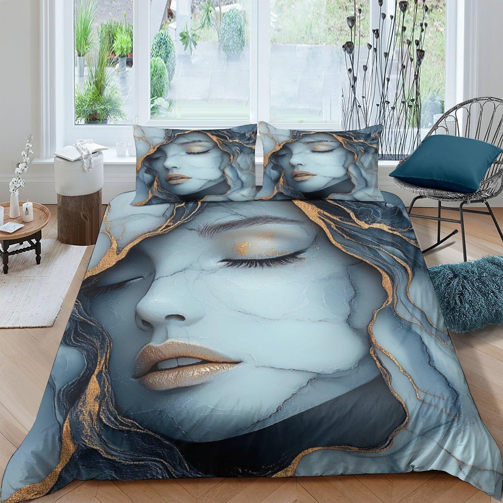 Ctjqhvkz Women's Style-3 3D Printed Abstract Portrait Fitted Sheet Microfiber Soft Blue Gold Artistic Mattress Cover For Bedroom Decor Single（135X200cm）