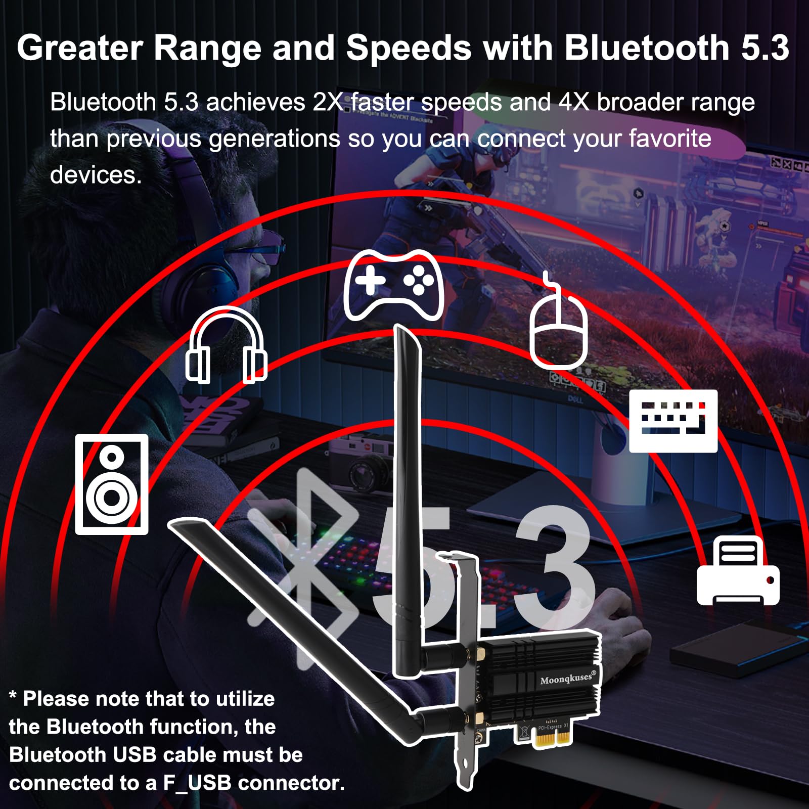 WiFi 6E Tarjeta WiFi PCIe 5400Mbps con Bluetooth 5.3, WiFi 6E AX210 Chipset, Tri-Bands(6GHz/5GHz/2.4GHz) Tarjeta Inalámbrica para PC Windows 11/10(64Bit)