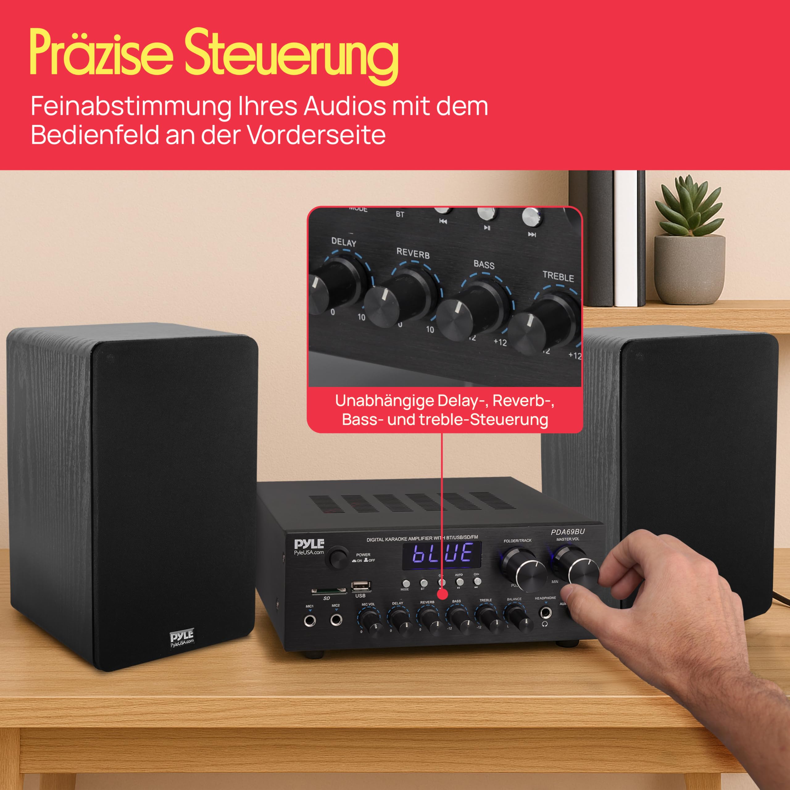 Pyle Stereo Amplifier Audio Receiver with Remote Control - Bluetooth Streaming, MP3/USB/SD/FM Radio, 2.0 Channel HiFi Sound System with RCA/Aux Inputs, Microphone & Headphone Jacks, Adjustable Bass
