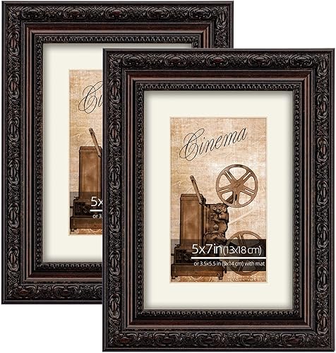 Paquete de 2 marcos de fotos clásicos ornamentados de color marrón oscuro antiguo de 5 x 7 pulgadas, mate para fotos de 3.5 x 5.5 pulgadas,