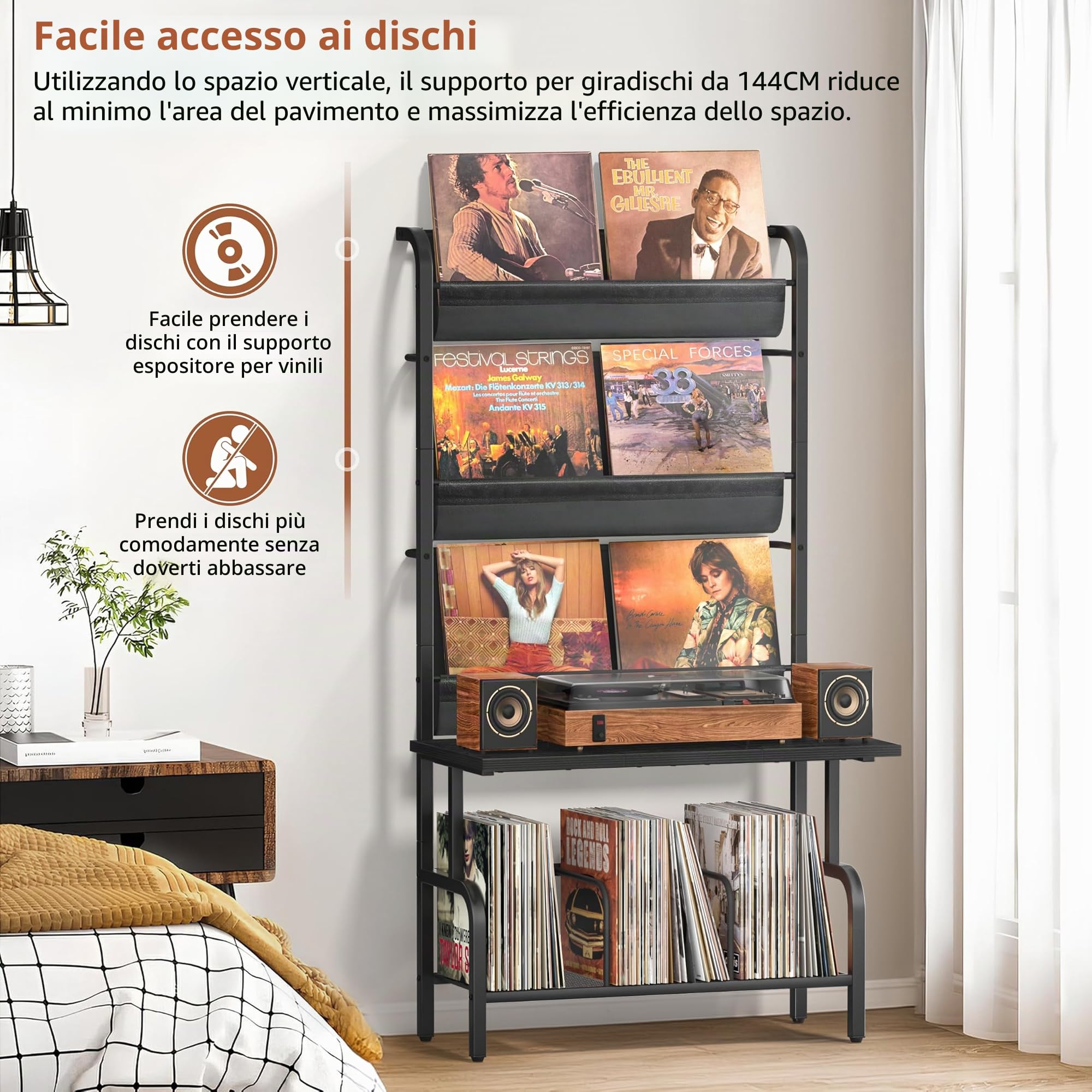 Bikoney Supporto per Giradischi con Mobiletto Porta Vinili, Archiviazione per 300 Album LP, Tavolino Multilivello con Espositore per Dischi, Mobile Robusto per Soggiorno, Nero