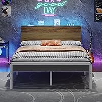 MaverickFurni Full Metal Platform Bed Frame with Storage Headboard, LED Lights, No Box Spring Needed - White/Walnut