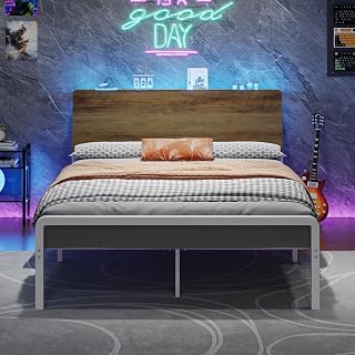 MaverickFurni Full Metal Platform Bed Frame with Storage Headboard, LED Lights, No Box Spring Needed - White/Walnut