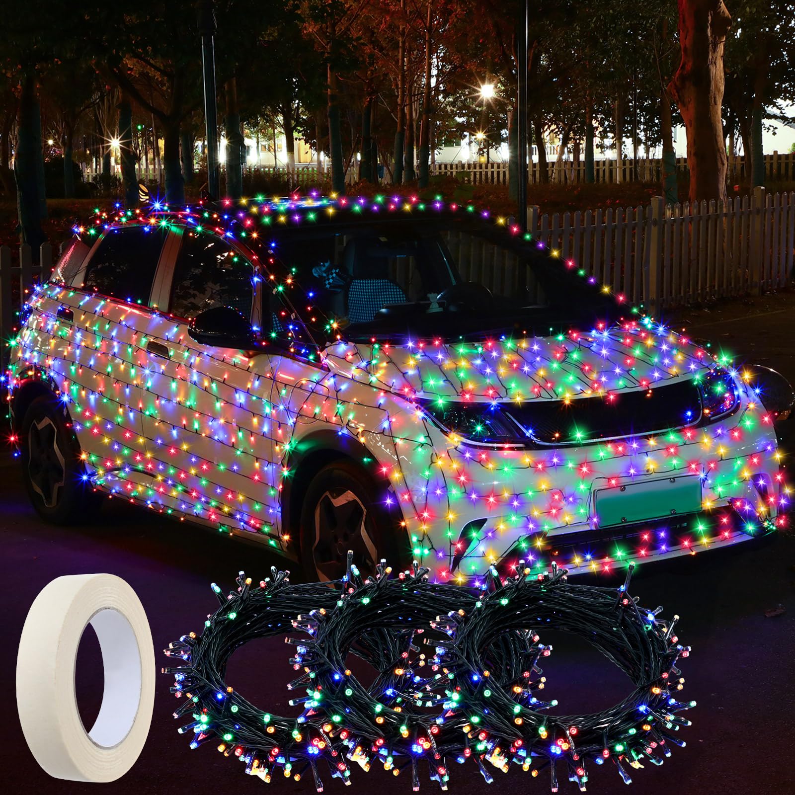 Photo 1 of Honoson Christmas Car Multicolor Lights 394ft 1200 LED Battery Operated Remote Control String Lights Waterproof 8 Modes and Auto Timer with Masking Tape for Car Xmas Party Holiday Decor