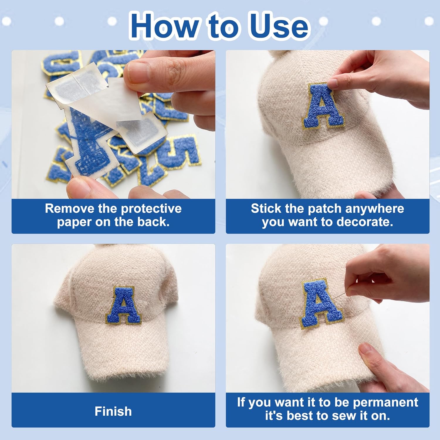 36 Pcs Self Adhesive Chenille Letter Number Patches Set, 2.2 in Iron on Numbers Varsity Letter Patches Stick on Clothes Backpacks Hats Team Uniform(Blue)