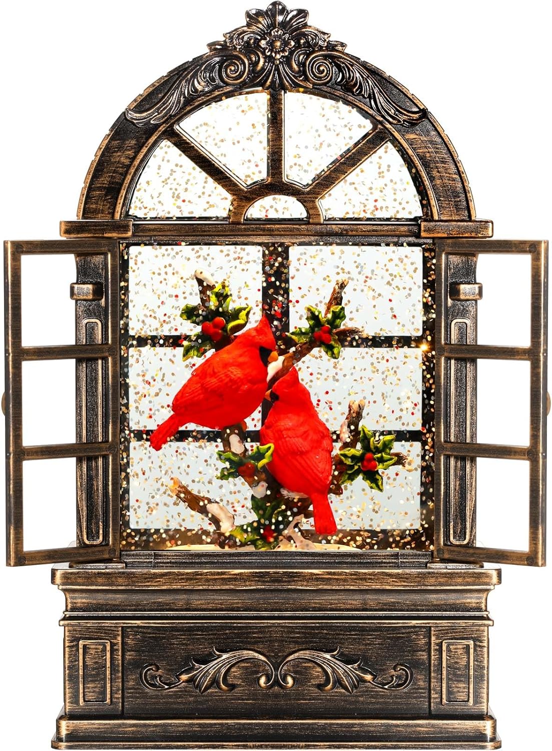 Cardinal Snow Globe Christmas Decorations Gifts Arched Window Shape USB/Battery Timer Music Glitter Snowfall Lantern Cardinal Decor 9 inch
