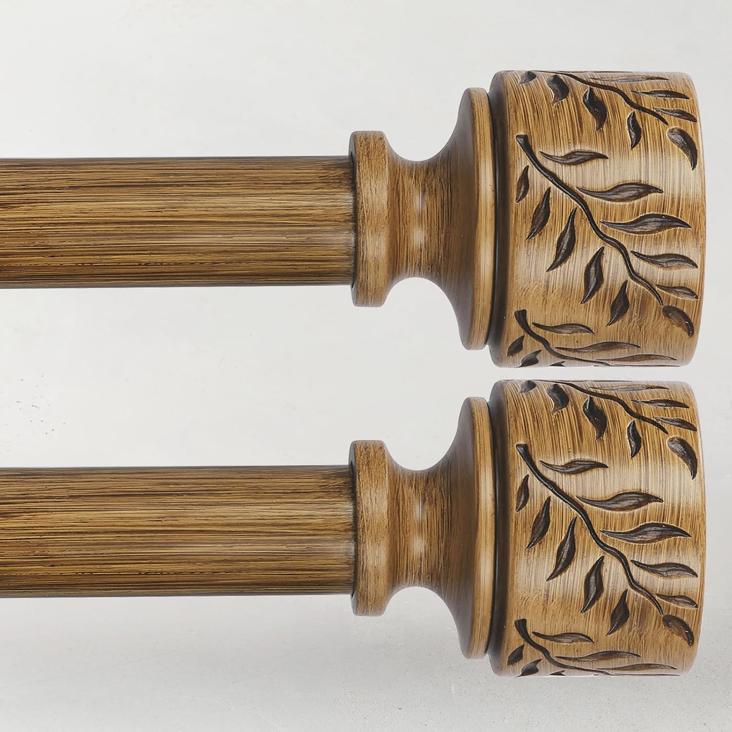 2 Pack Boho Wood Curtain Rods for Windows 32 to 45 Inch, 1" Adjustable Heavy Duty Curtain Rod with Imitation Wooden Grain Leaf Pattern Finials, Rustic Decorative Drapery Rods, Size 32"-45", Dark Wood
