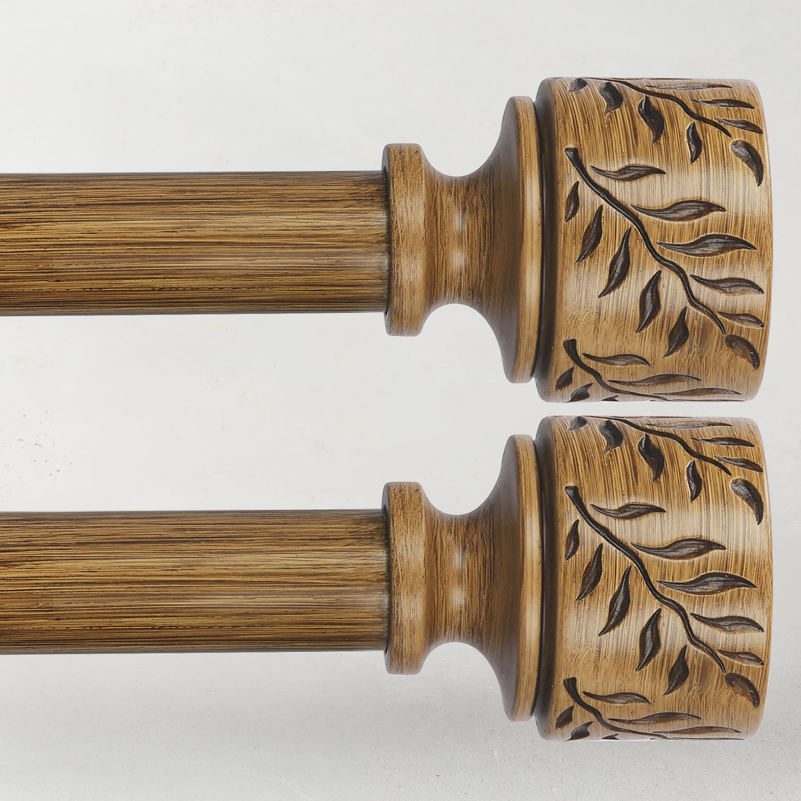 2 Pack Boho Wood Curtain Rods for Windows 48 to 84 Inch, 1" Adjustable Heavy Duty Curtain Rod with Imitation Wooden Grain Leaf Pattern Finials, Rustic
