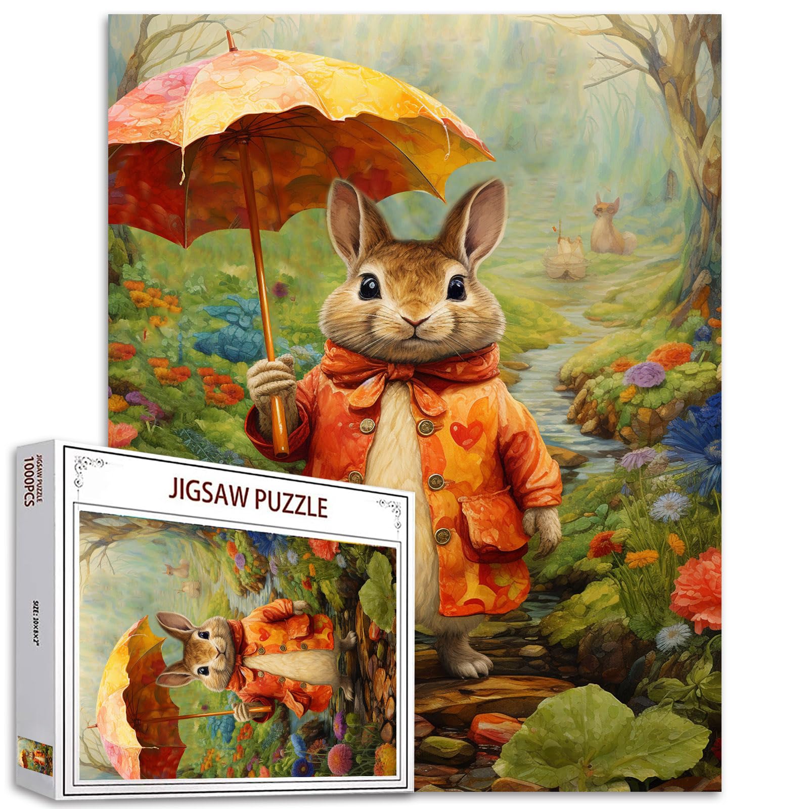 Animal 1000 Piece Jigsaw Puzzles for Adults Cute Rabbit Painting Jigsaw Puzzle Cartoon Wildlife 1000 Pieces Puzzles Game Home Wall Decor DIY Craft Tropical Forest Puzzle Art Boho Gift(Colorful) — image 1
