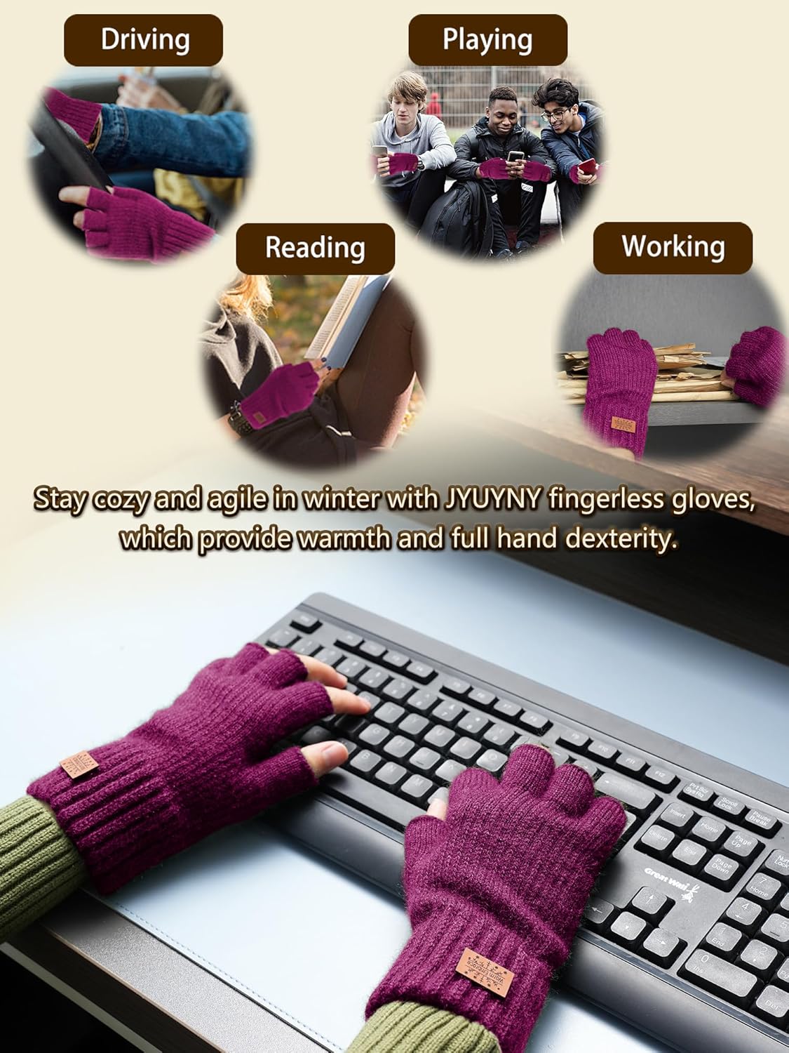 Fingerless Gloves for Women Men, Winter Warm Alpaca Wool Stretch Knit Adult Half Finger Glove for Typing, Driving - Image 4