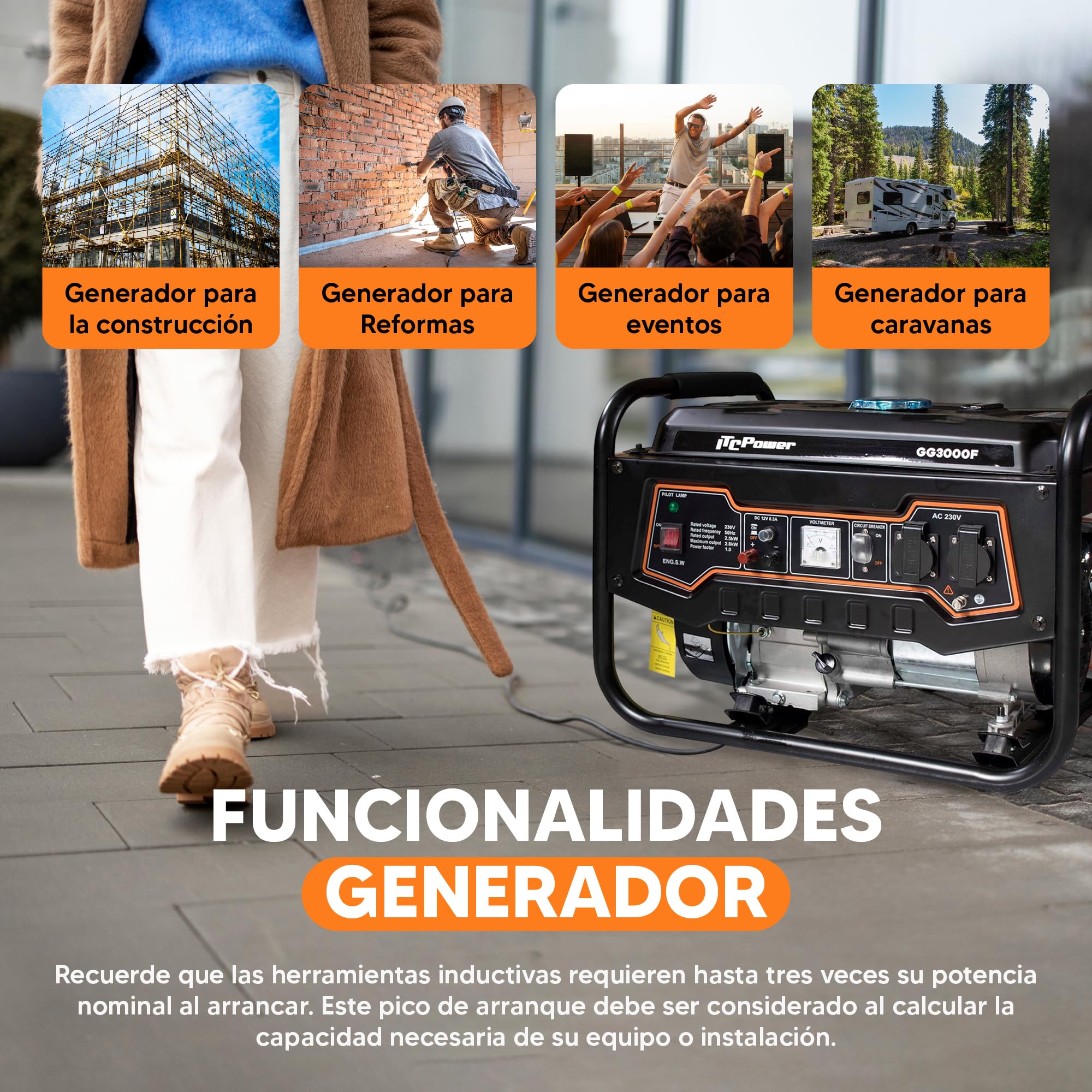 ITCPower Generador Gasolina Silencioso 2,8KW para Emergencias Domésticas - Generador Eléctrico Portátil 230V para Herramientas y Camping - Generador 4 Tiempos con Gran Autonomía y Bajo Ruido