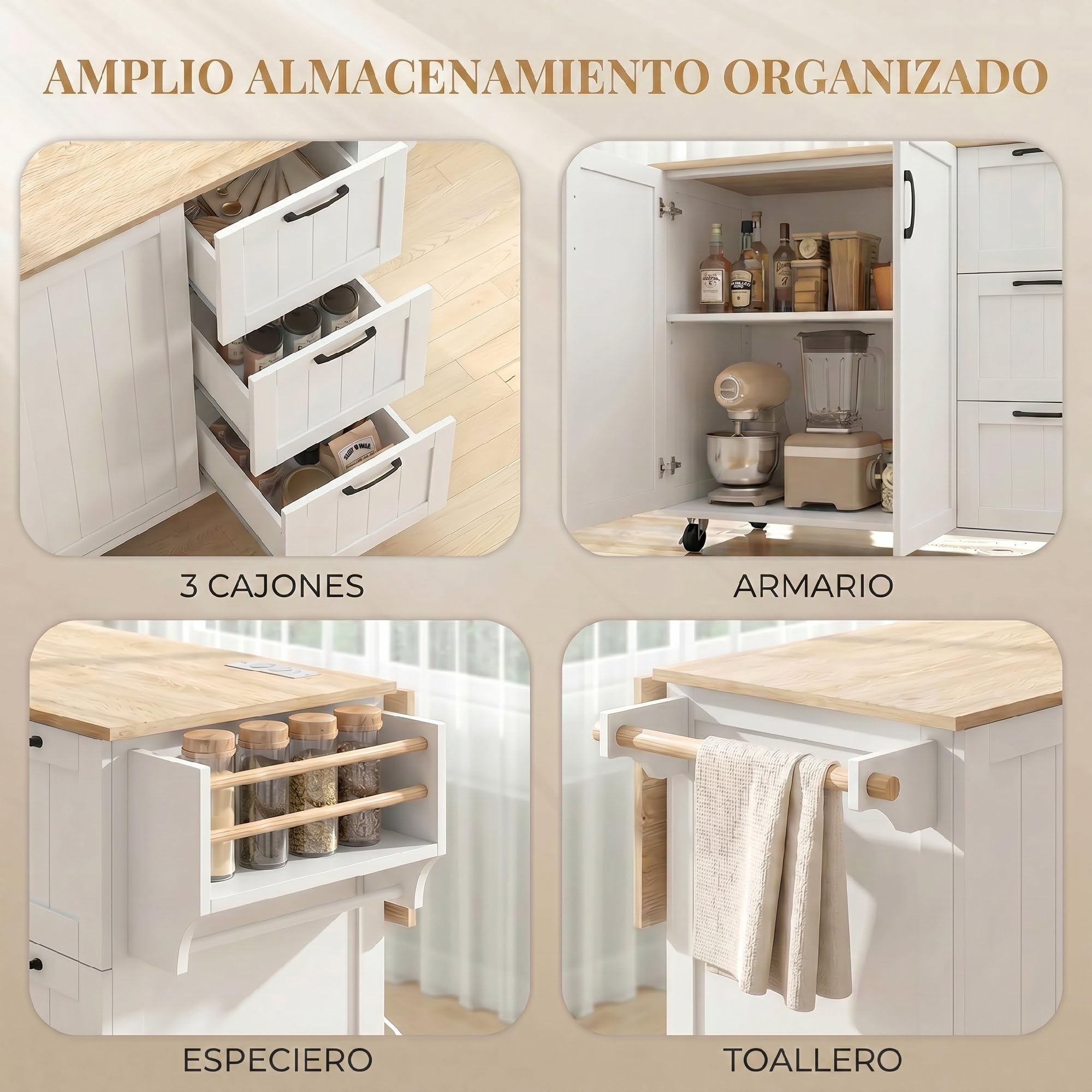 HOMCOM Isla de Cocina con Encimera Extensible y Estación de Carga, Carro de Cocina con Ruedas, 2 Puertas, 3 Cajones, Estantes Ajustables, Especiero y Toallero, Blanco