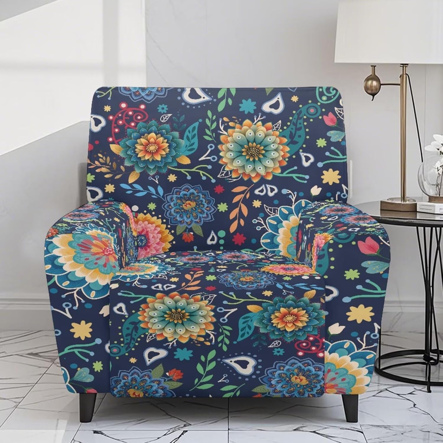 Xoenoiee Bohemian Mandala Florals Pattern Recliner Chair Cover 4-Pieces Lazyboy Cover for Recliner Chair with Storage Pockets Furniture Protector for Living Room Printed Sofa Slipcover