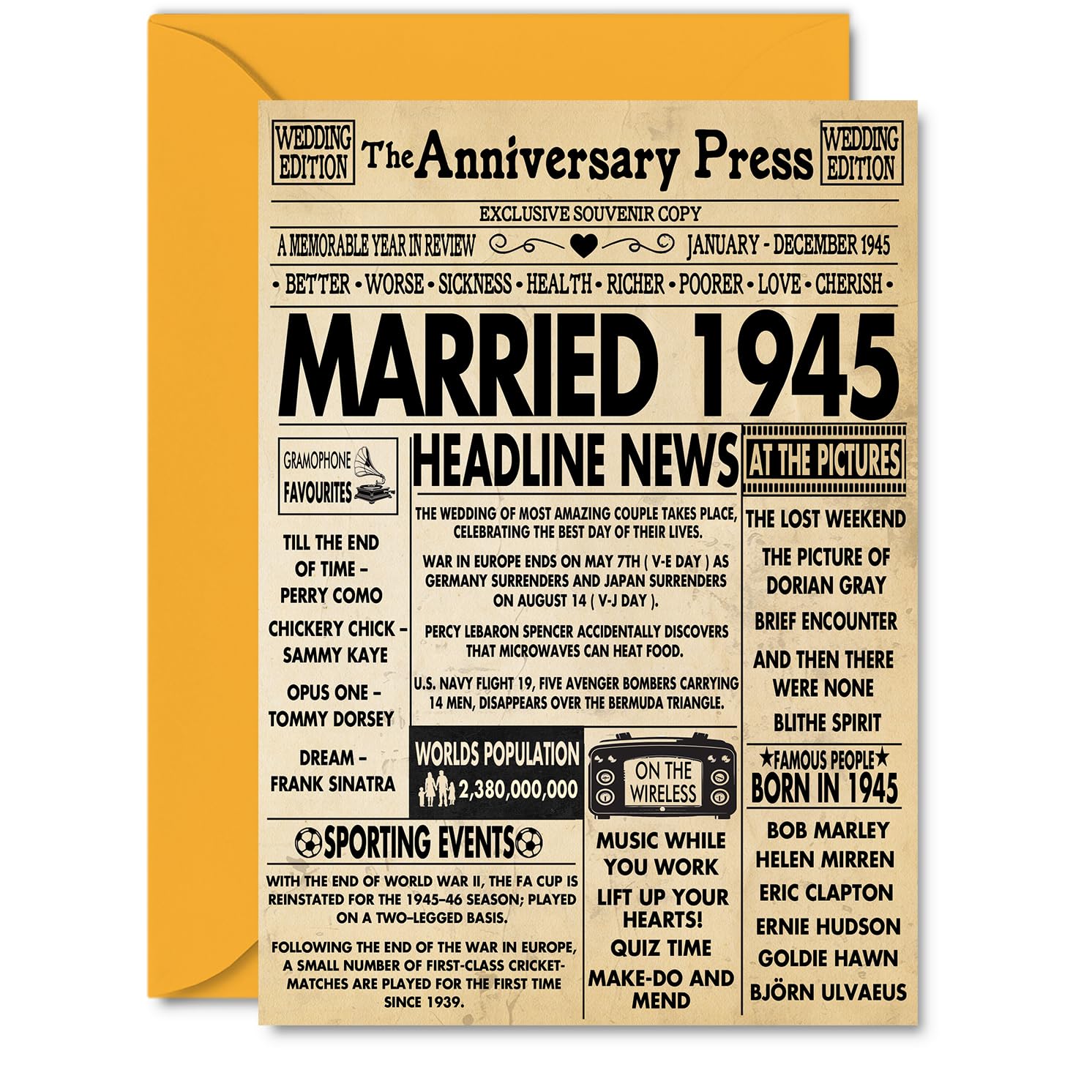 81st Anniversary Cards for Men Women - Married 1945 Newspaper - 81 Wedding Anniversary Card for Husband Wife Grandma Grandad Nan Vintage Retro 1945, A5 Greeting Cards