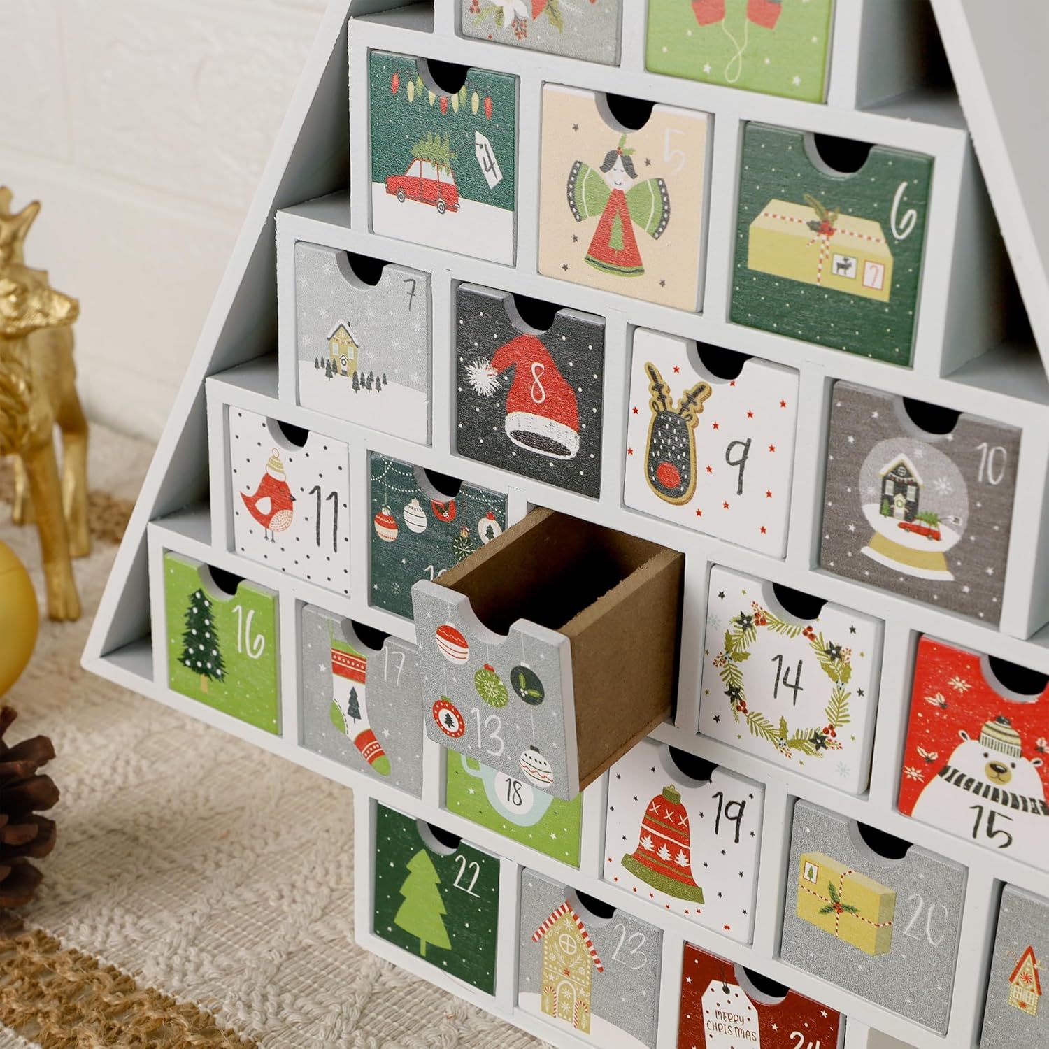 Wooden Christmas Advent Calendar with 24 Drawers, Tree Shaped Countdown to Christmas Refillable Wooden Advent, White