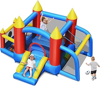 DORTALA Kid Inflatable Bounce House, Multifunctional Castle w/Slide, Large Jumping Area, Accessories w/Carrying Bag, Ground Stakes, Ocean Balls Pit & Target Balls, Ground Stakes