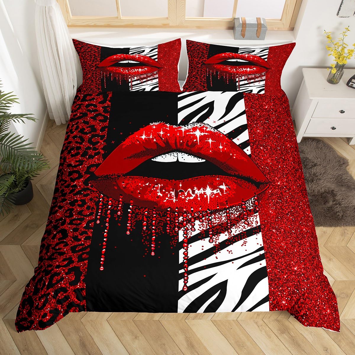 Glitter Lips Duvet Cover Set King Size, Red Sequins Sparkling Comforter Cover with 2 Pillowcases, Black White Leopard Zebra Print Bedding Set for Kids