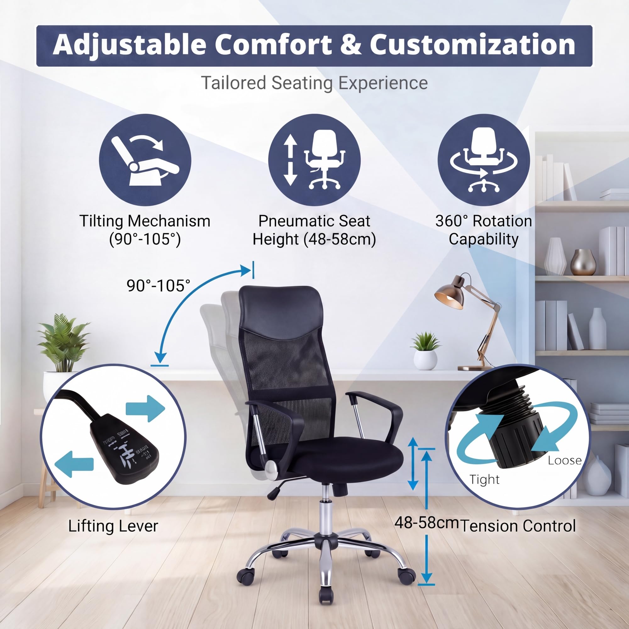 KOMFOTTEU Sedia da Ufficio Ergonomica con Ruote, Altezza Regolabile, 150kg | Poltrona Scrivania Girevole in Rete, Oscillazione, con Cuscino Imbottito, Braccioli e Schienale, per Studio e Lavoro