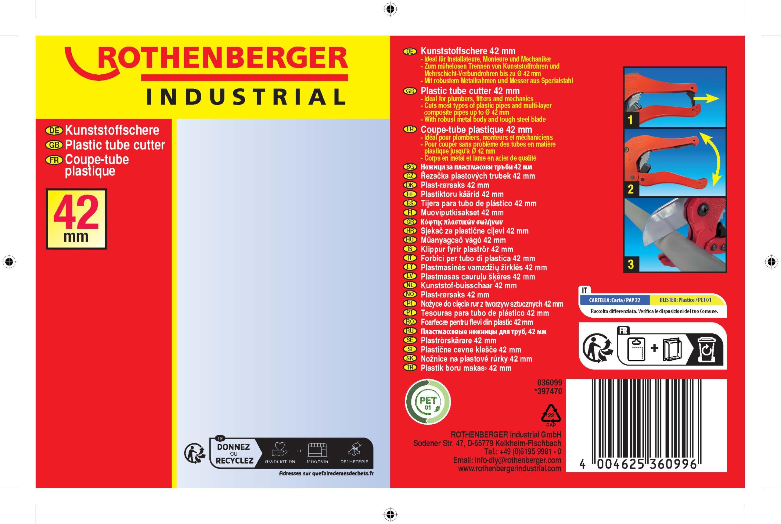 ROTHENBERGER Industrial Kunststoff Rohr Abschneider zum Trennen von Plastik Rohren & Mehrschicht Verbundrohren bis Ø 36 mm 36010