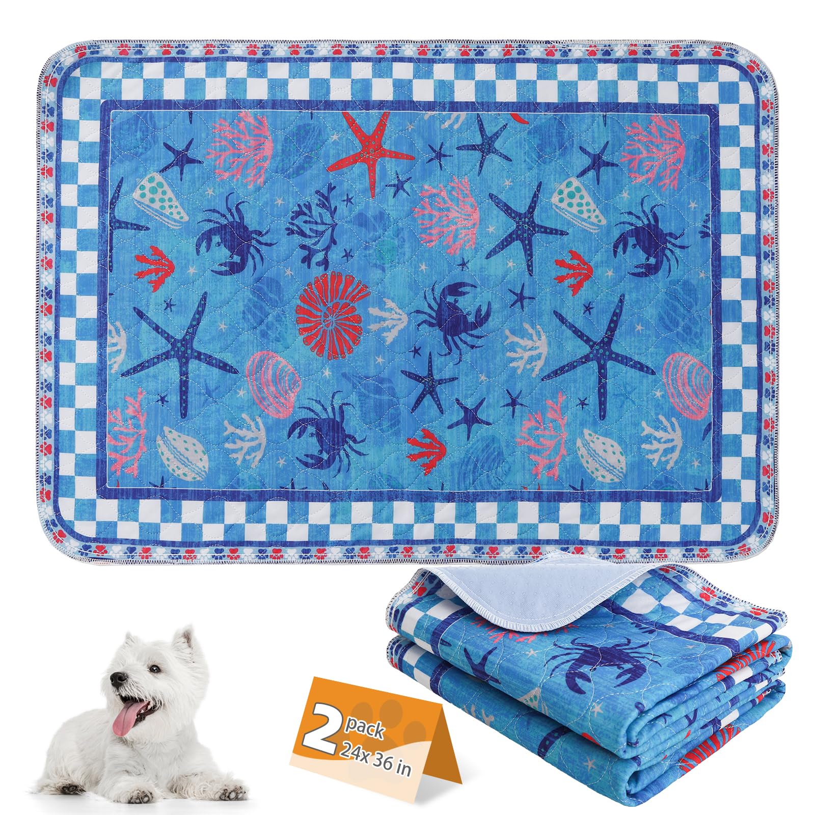 KOOLTAIL Summer Washable Pee Pads for Dogs, 2 Pack Super Absorbent Reusable Puppy Training Pads Waterproof, Nonslip &amp; Leak-Proof Dog Pee Pads,Large Pet Mats Whelping Pads for Floor,Crate,Couch,24"x36"