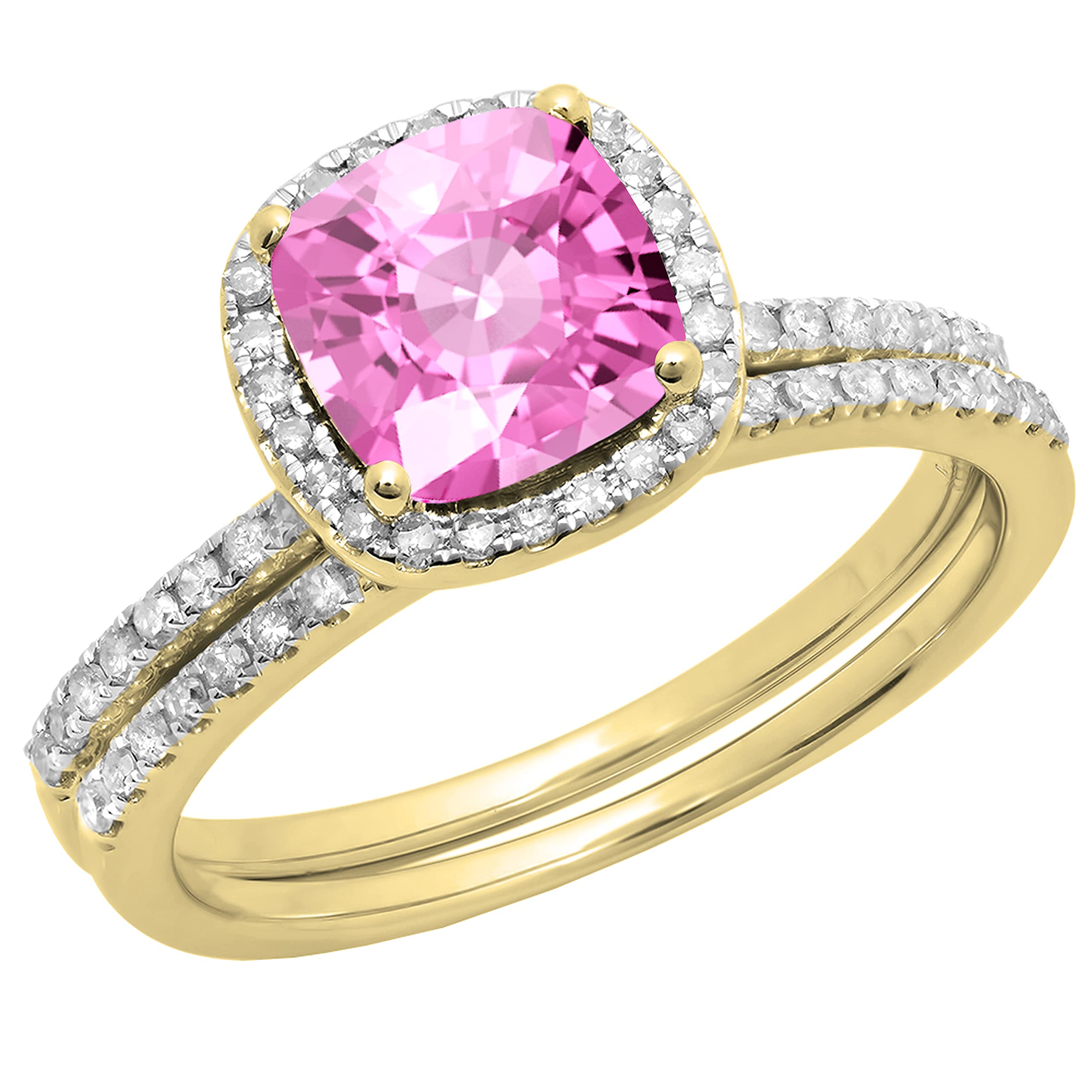 Set di fedi nuziali in oro giallo 10 K da 7 mm con zaffiro rosa e diamanti rotondi (misura 8), Metallo, Zaffiro rosa sintetico