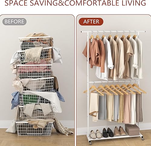 Miniatura 7 de Sywhitta Perchero de ropa de doble barra, colgador de abrigo con malla inferior, perchero para colgar ropa, abrigos, faldas, suéteres, color blanco