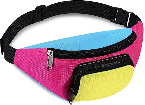 Xuniea 80s 90s Neon Fanny Pack for Women Men 2 Pockets Neon Waist Belt Bags, Halloween Party Vintage Rave Hip Hop AccessoriesPink Bottom