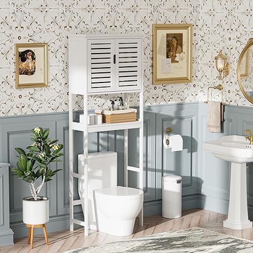 Miniatura 5 de SMIBUY Gabinete de almacenamiento para baño sobre el inodoro, organizador de gabinete de bambú de 2 puertas, estante de inodoro independiente que