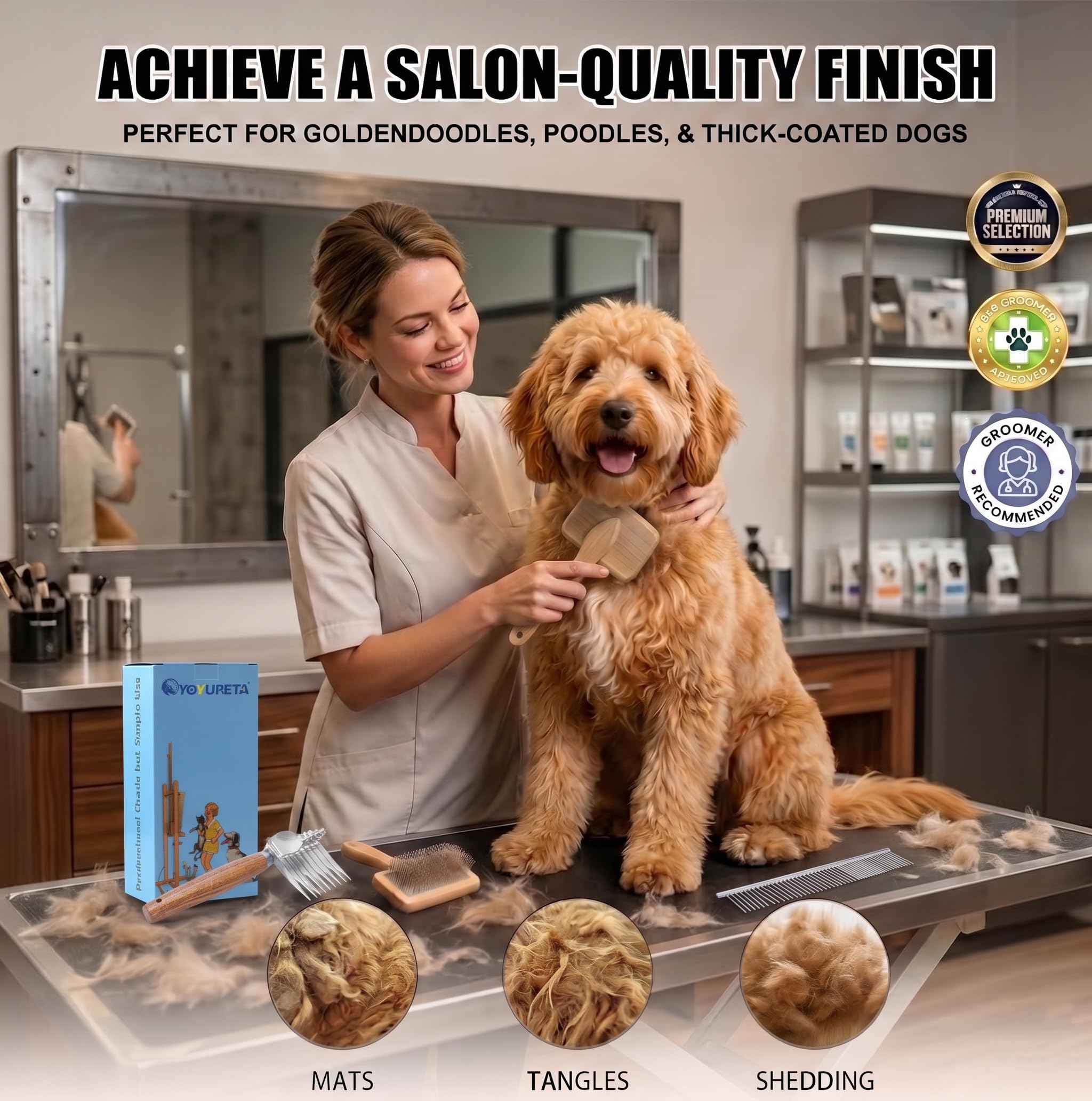 Cepillo largo para perros para caniches, garabatos dorados y gatos, kit de aseo de 3 piezas con peine para desenredar y peine para mascotas, mango de madera grande para eliminar el pelo