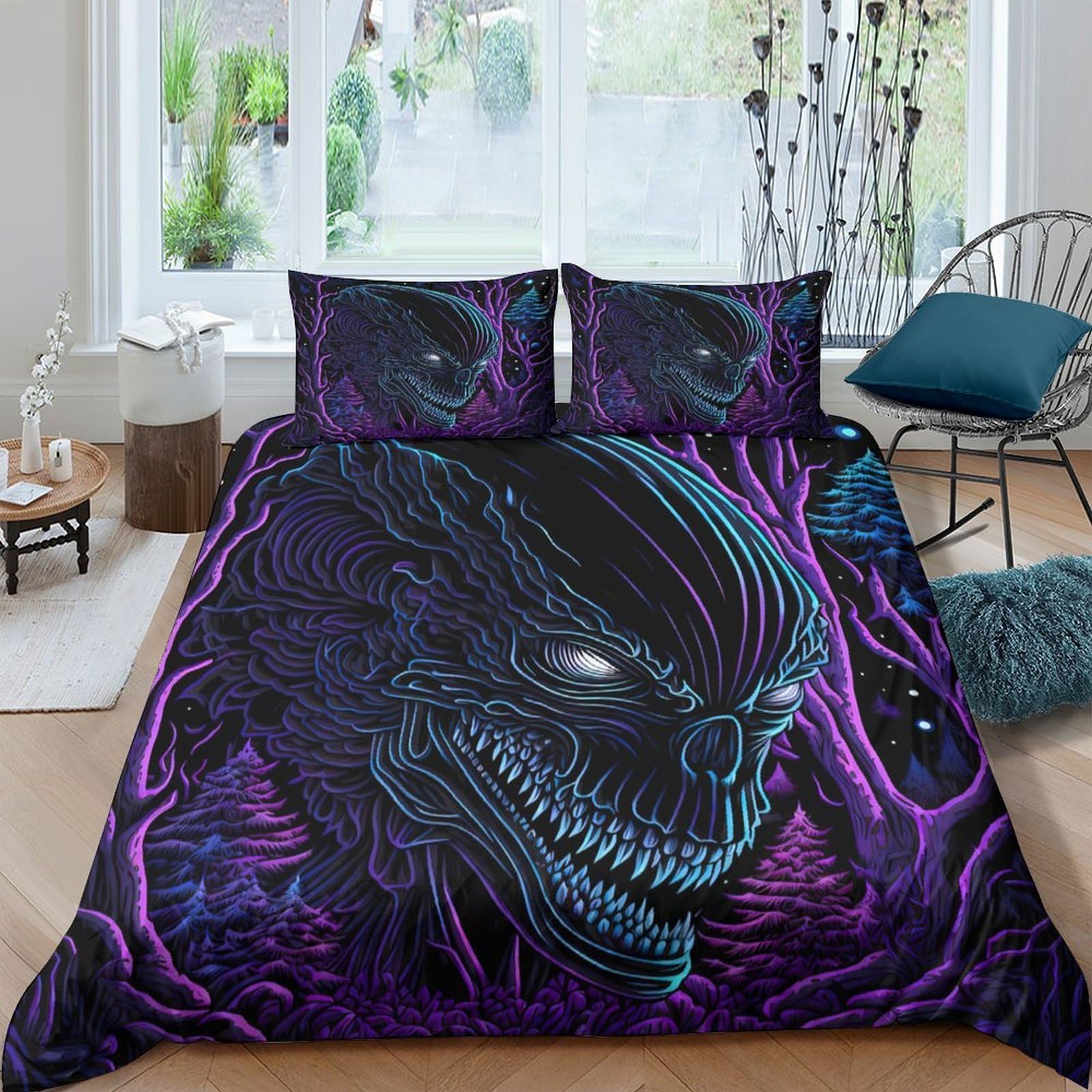 Ctjqhvkz Style-7 3D Printed Dark Alien Fitted Sheet Microfiber Soft Purple Monster Mattress Cover For Bedroom Guest Room Decor Single（135X200cm）