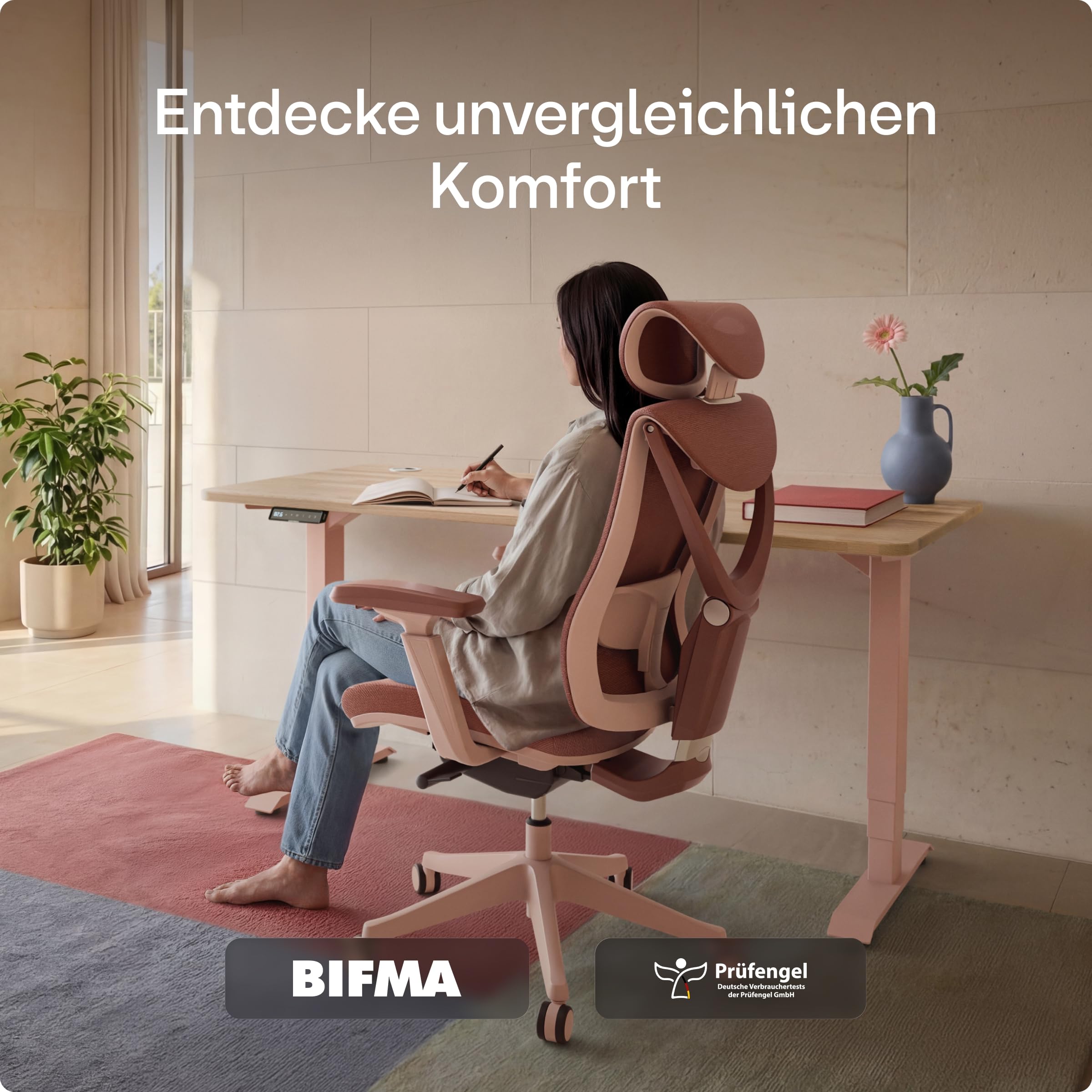 Desktronic Verstellbarer ergonomischer Bürostuhl | Schreibtischstuhl mit Lendenwirbelstütze - rückenfreundlich- Computerstuhl höhenverstellbar & rückenschonend - breites Polster SitPro (Rosa)