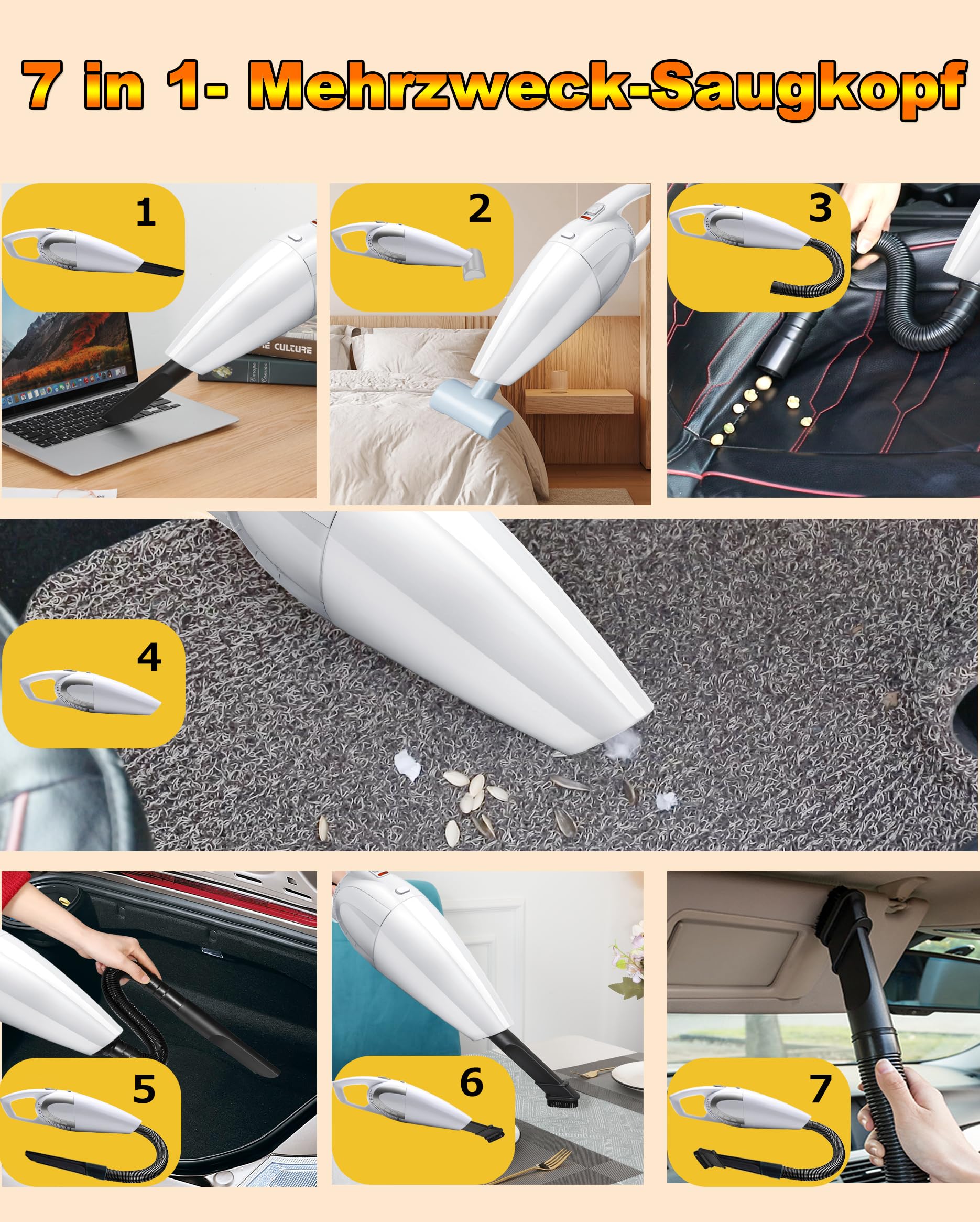Aspirador de Mano, Aspirador de Mano 16000Pa Ganador de la Prueba sin Bolsa con batería, Aspirador de Mano con batería húmedo/Seco, Aspirador de Coche de 120 W, Aspirador de Mano inalámbric