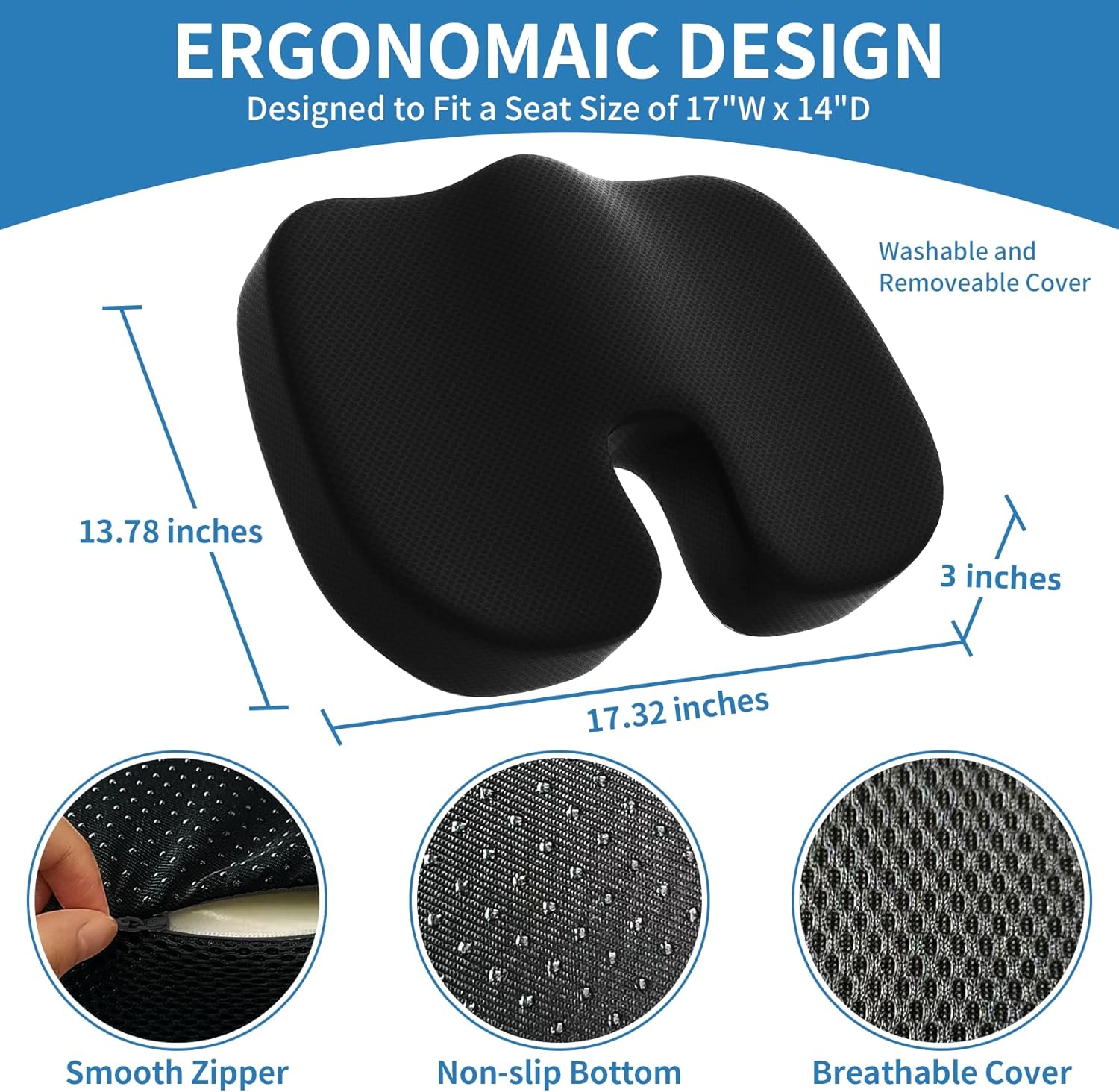 Seat Cushion &Office Chair Cushion,Lumbar Support Pillow for Office Chair,Ergonomic Memory Foam Non-Slip Office Chair Cushion,Back Support Cushions for Tailbone&Sciatica Pain Relief Black