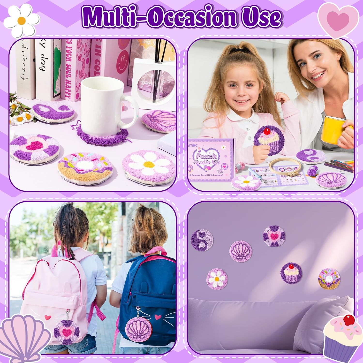 WATINC Christmas Punch Needle Coaster Kits - 23Pcs Easy Art Work Decor Craft Supply for Beginners, DIY Set of 6 Pattern Tufted Pads with Adhesive Felt Yarns Tools Instruction Customized Boxes (Purple)