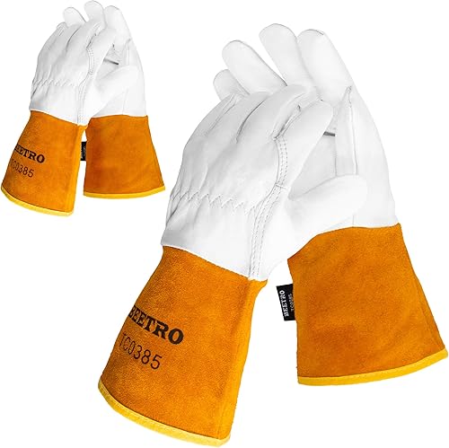 BEETRO Guantes de soldadura, piel de cabra Tig con cuero de vaca extra largo, resistente al caloral fuegobarbacoaalmacénresistente a los animales,