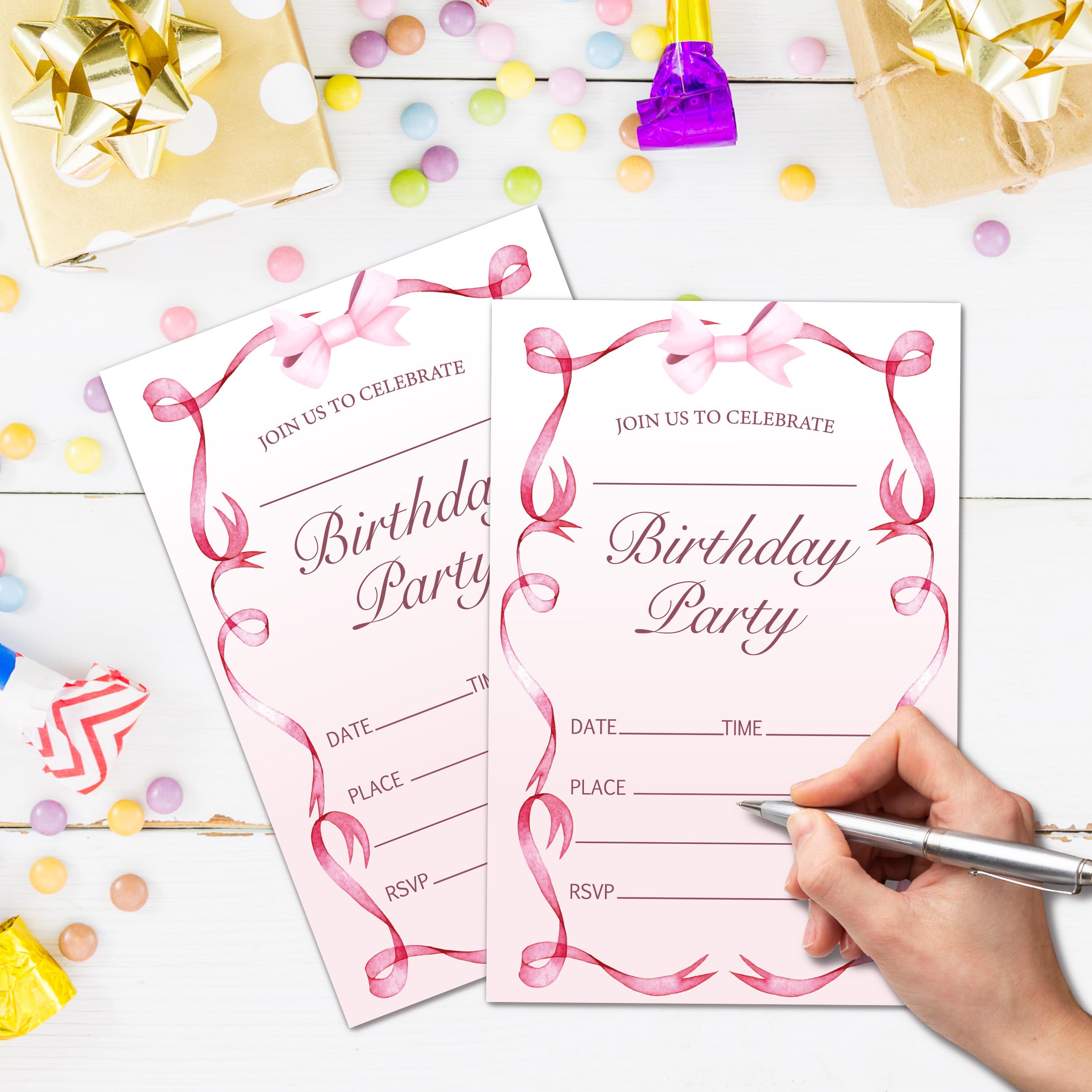 Cartes d'invitation à fête d'anniversaire avec nœud rose pour garçons et filles, cartes d'invitation modernes pour fête d'anniversaire décorations et fournitures, 20 invitations double face à
