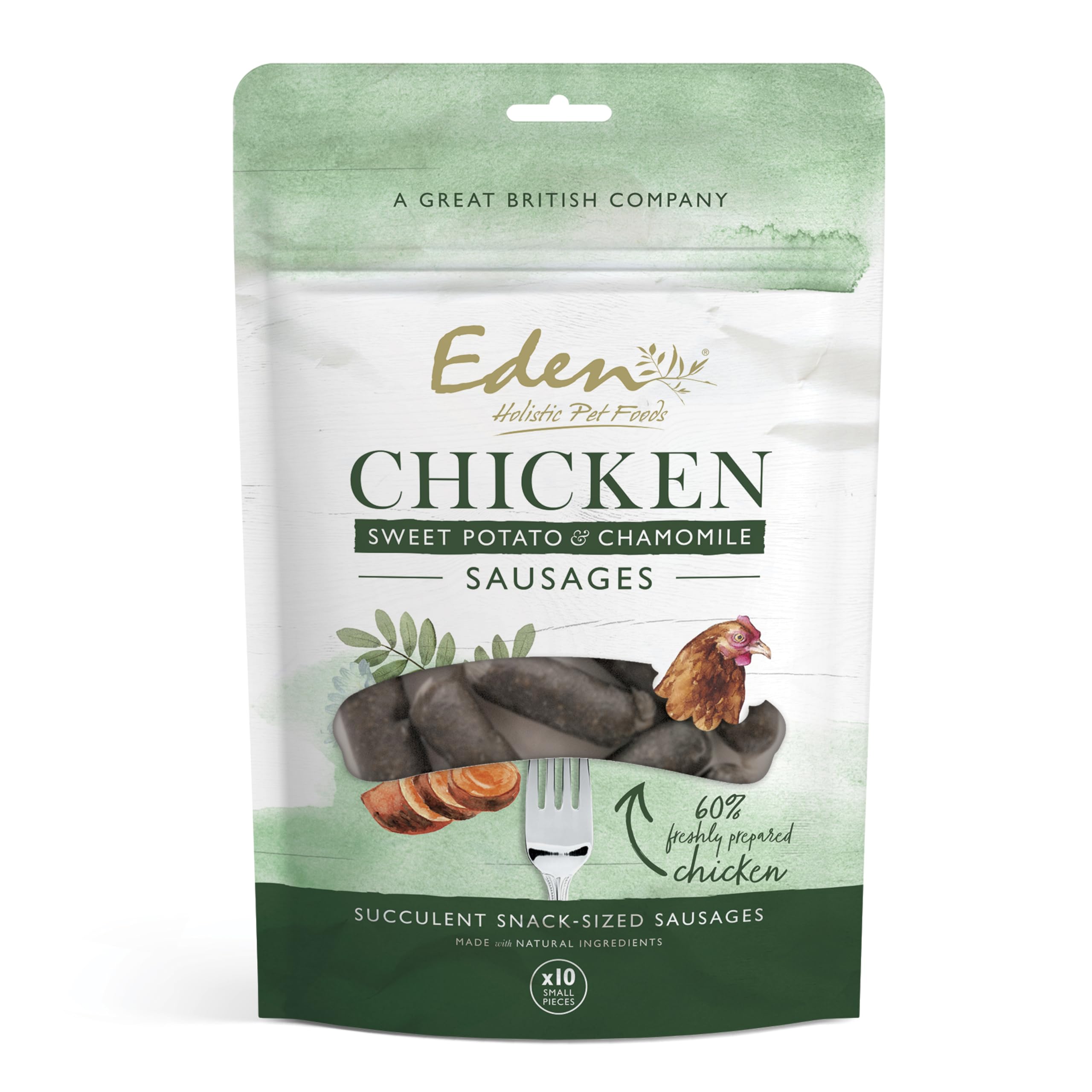 Chicken, Sweet Potato & Chamomile Sausage Treats, Suitible for Adult and Senior Dogs, Succulent soft large Sausages, perfect for training or as a reward, dog treats. 1 Pack - 10 Small Sausages