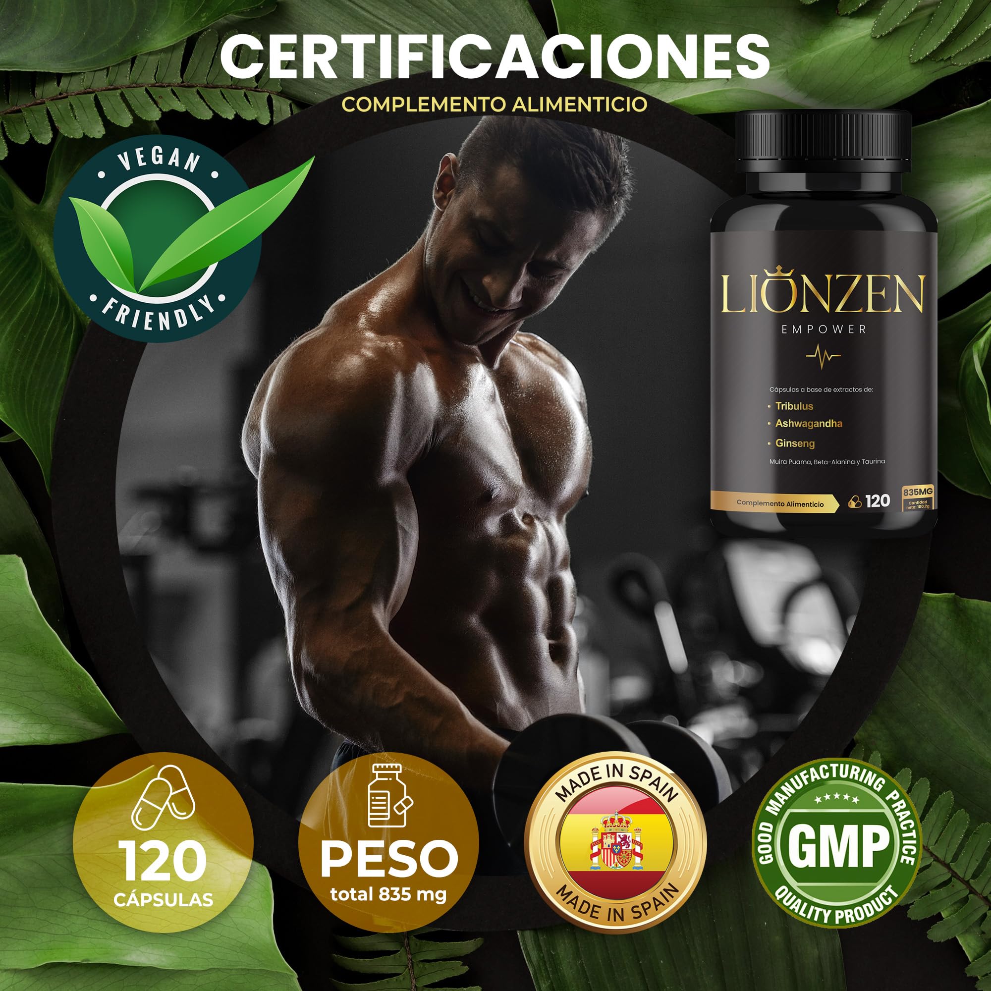 Testosterona Hombre Musculacion | Fuerza y Energía | +19 ingredientes | Ashwagandha, Maca, Ginseng, Tribulus terrestris, Ginkgo, Beta Alanina, Taurina, Muira Puama, L-Arginina, Zinc, Vitaminas. 120c