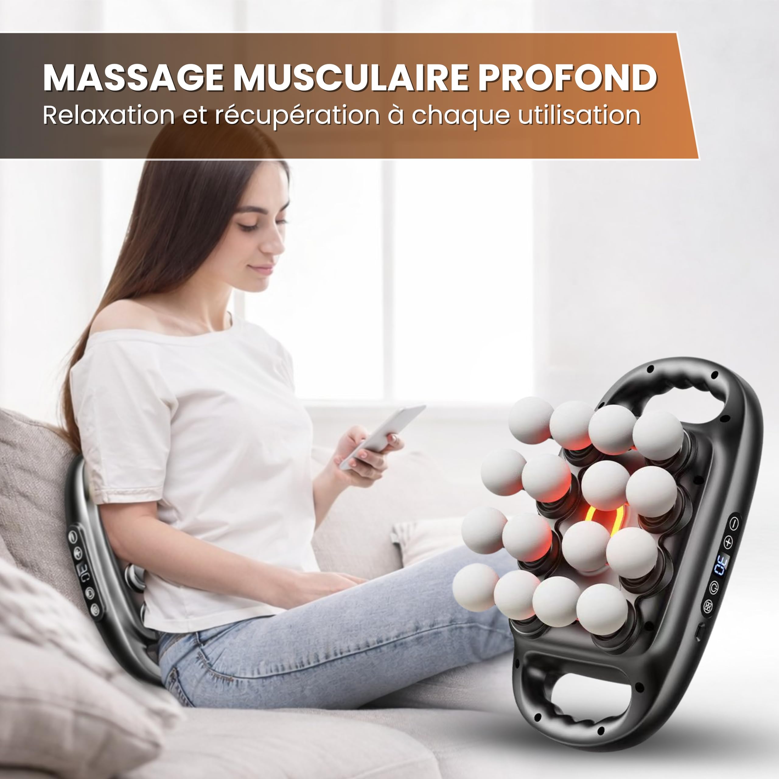 BeFit24 Pistolet de Massage Professionnel avec Chaleur & 16 Têtes, Massage Musculaire Profond Anti-Douleur, Récupération Musculaire Dos Cou Épaules Jambes, Sans Fil USB-C