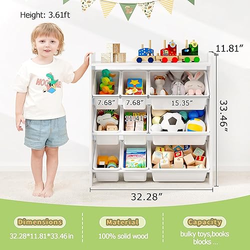 Miniatura 2 de MallBest Estante organizador de almacenamiento de juguetes para niños de 4 niveles, 100% madera maciza, armario de almacenamiento para niños con 9