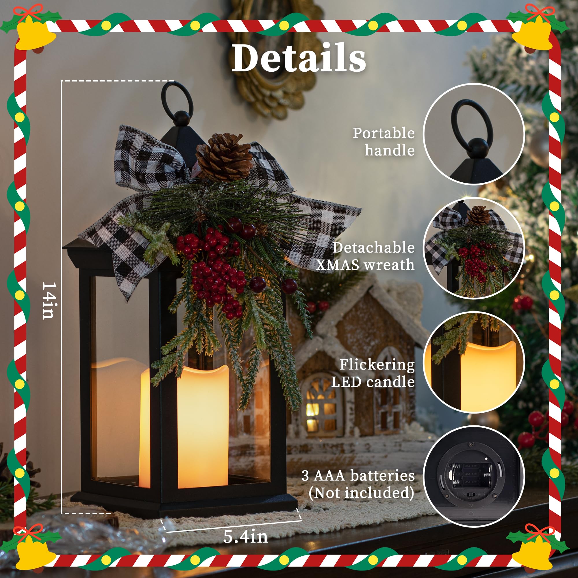 35,6 cm große Weihnachtslaternen, dekorativ, für drinnen und draußen, 2 Stück, schwarze Laternendekoration mit Timer-Kerze, wasserdicht, batteriebetrieben, Vintage-Laternen für Terrasse, Veranda