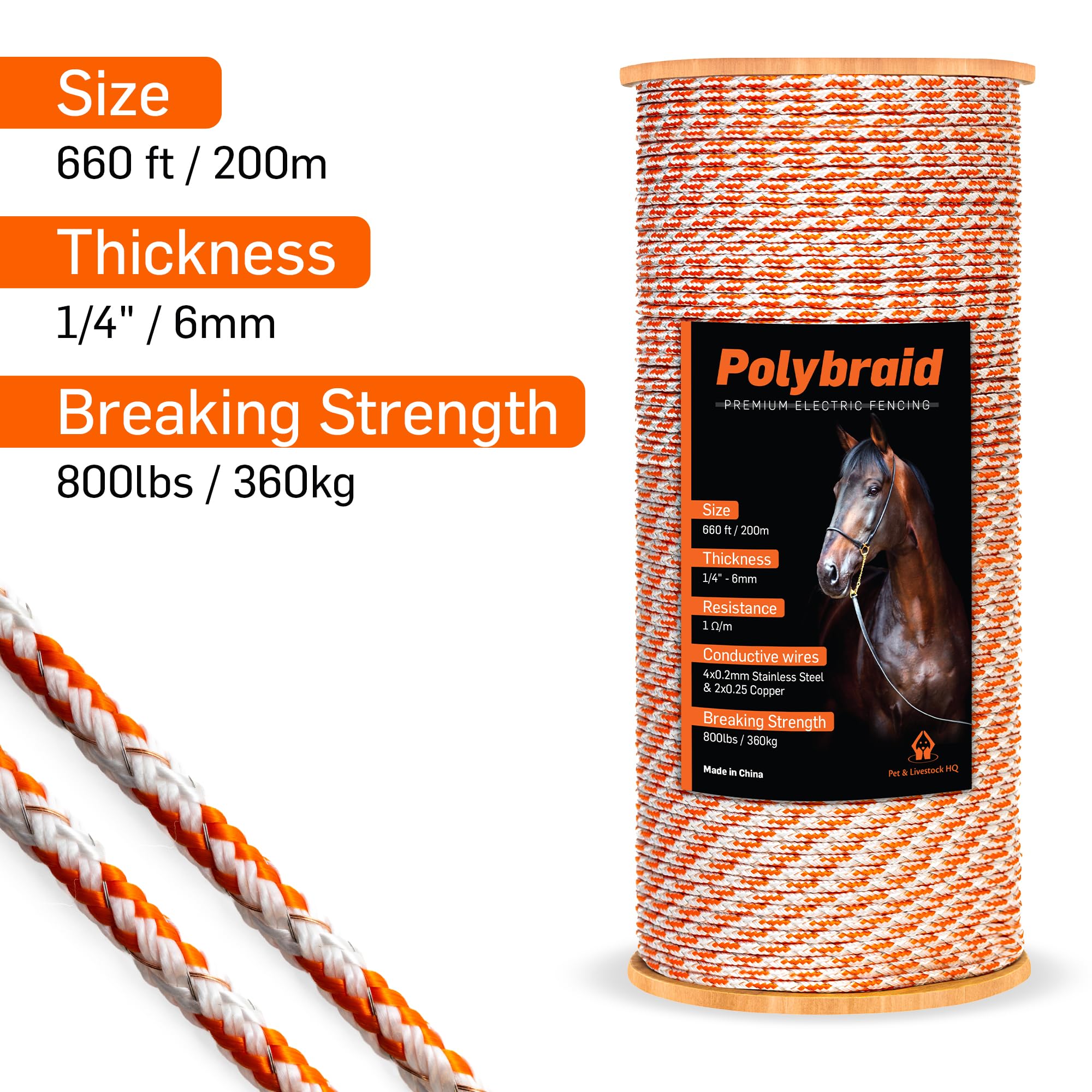 Valla eléctrica Polybraid de 6 mm, cuerda trenzada de alta resistencia para caballo, ganado, ganado, 6 conductores de cable: 2 x Cooper y 4 x acero inoxidable (660 pies/200 m)