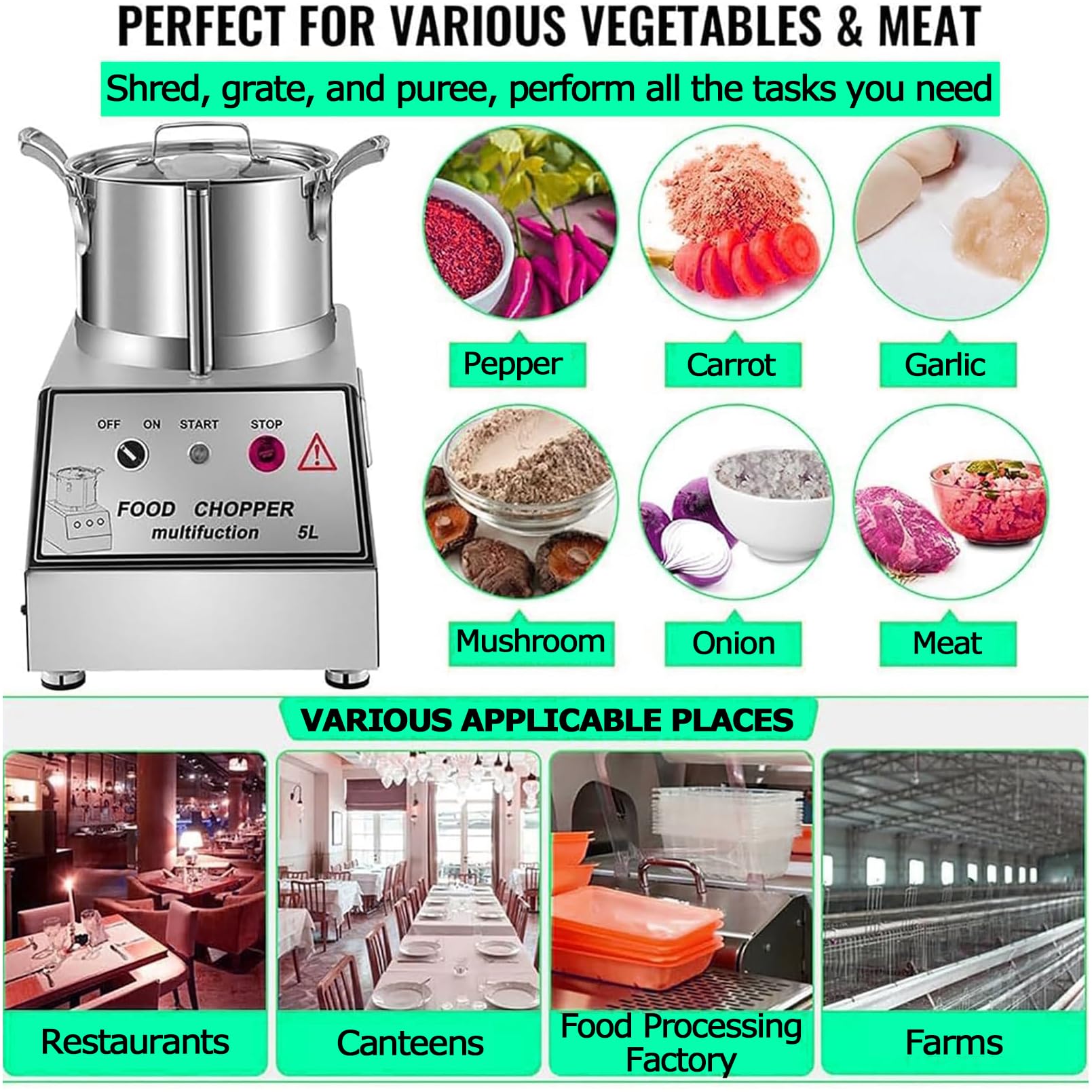 Picadora de Alimentos Comercial de 1400 W, picadora de Verduras eléctrica de Barril de Acero Inoxidable de 15 L para triturar, Picar y Hacer puré Fácil de Limpiar Potente procesador de Alimentos