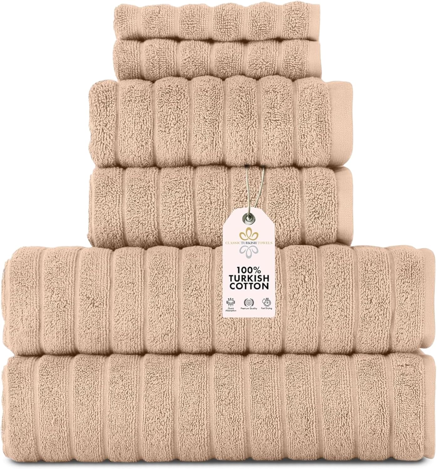Classic Turkish Towels CTT Luxury 6 Piece Towel Set, 100% Turkish Cotton, Quick Drying, Highly Absorbent & Comfy, Includes 2 Bath Towels, 2 Hand Towels & 2 Washcloths | (Almond Beige)